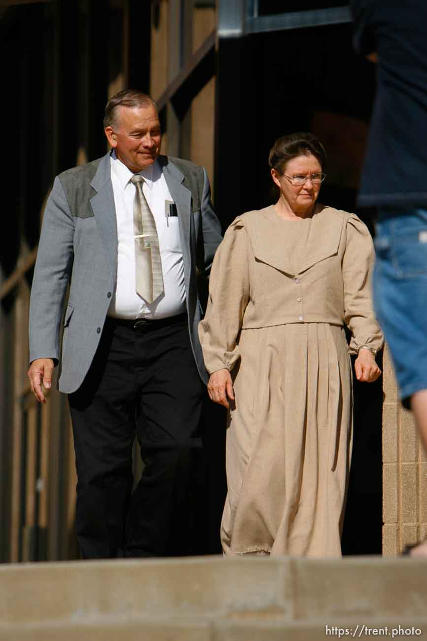 The Warren Jeffs' trial in St. George, Utah. Jeffs, head of the Fundamentalist Church of Jesus Christ of Latter Day Saints, is charged with two counts of rape as an accomplice for allegedly coercing the marriage and rape of a 14-year-old follower to her 19-year-old cousin in 2001.. apparent followers of warren jeffs' flds church