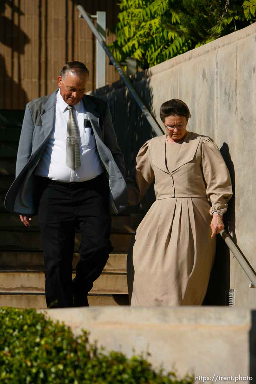 The Warren Jeffs' trial in St. George, Utah. Jeffs, head of the Fundamentalist Church of Jesus Christ of Latter Day Saints, is charged with two counts of rape as an accomplice for allegedly coercing the marriage and rape of a 14-year-old follower to her 19-year-old cousin in 2001.. apparent followers of warren jeffs' flds church