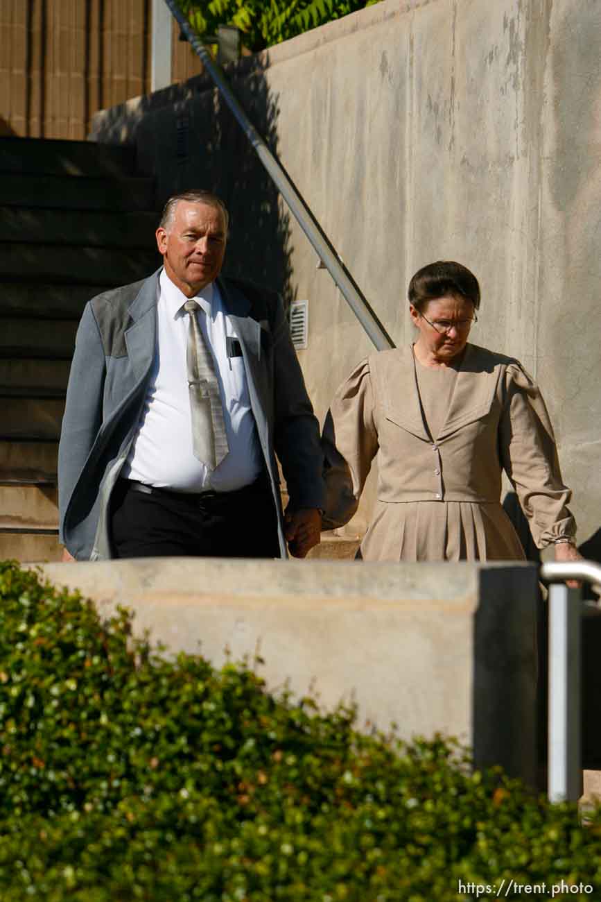 The Warren Jeffs' trial in St. George, Utah. Jeffs, head of the Fundamentalist Church of Jesus Christ of Latter Day Saints, is charged with two counts of rape as an accomplice for allegedly coercing the marriage and rape of a 14-year-old follower to her 19-year-old cousin in 2001.. apparent followers of warren jeffs' flds church