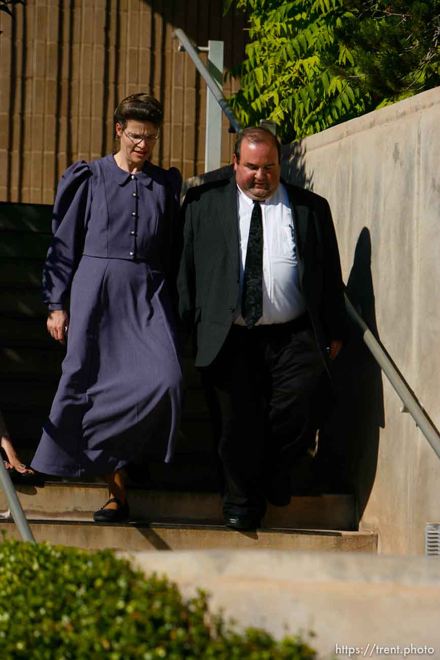 The Warren Jeffs' trial in St. George, Utah. Jeffs, head of the Fundamentalist Church of Jesus Christ of Latter Day Saints, is charged with two counts of rape as an accomplice for allegedly coercing the marriage and rape of a 14-year-old follower to her 19-year-old cousin in 2001.. apparent followers of warren jeffs' flds church