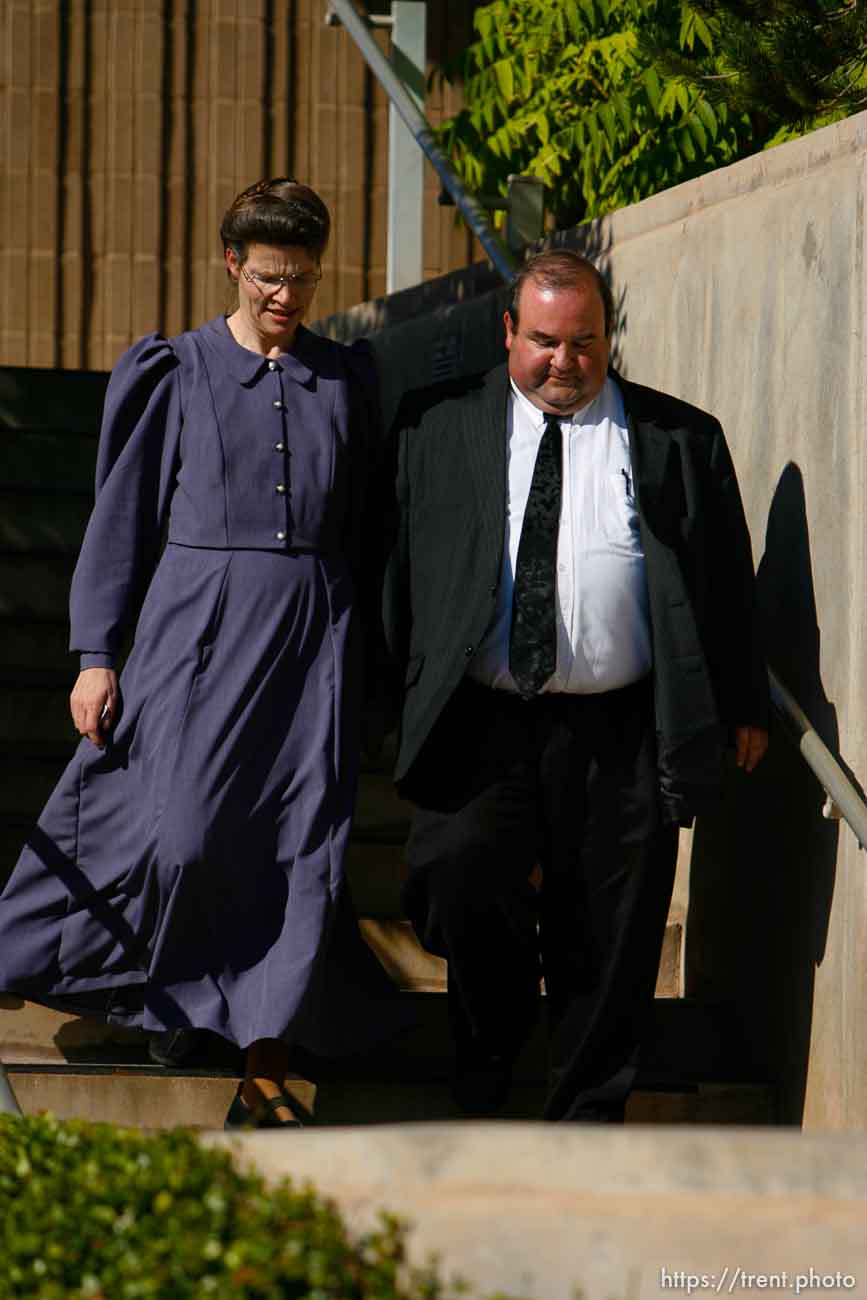 The Warren Jeffs' trial in St. George, Utah. Jeffs, head of the Fundamentalist Church of Jesus Christ of Latter Day Saints, is charged with two counts of rape as an accomplice for allegedly coercing the marriage and rape of a 14-year-old follower to her 19-year-old cousin in 2001.. apparent followers of warren jeffs' flds church