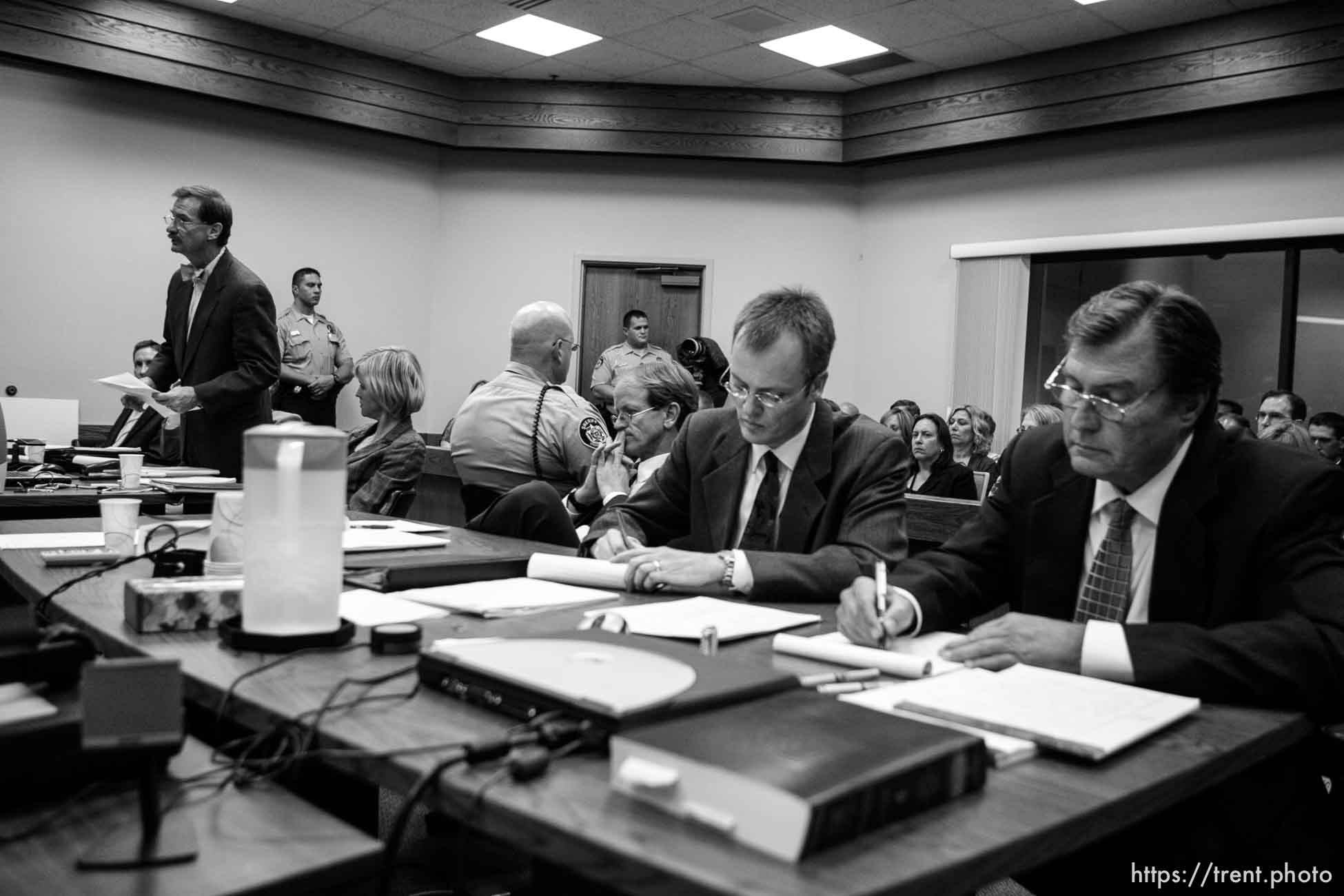 The Warren Jeffs' trial in St. George, Utah. Jeffs, head of the Fundamentalist Church of Jesus Christ of Latter Day Saints, is charged with two counts of rape as an accomplice for allegedly coercing the marriage and rape of a 14-year-old follower to her 19-year-old cousin in 2001. walter bugden, tara isaacson, ryan shaum, brock belnap, craig barlow