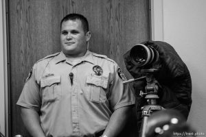 The Warren Jeffs' trial in St. George, Utah. Jeffs, head of the Fundamentalist Church of Jesus Christ of Latter Day Saints, is charged with two counts of rape as an accomplice for allegedly coercing the marriage and rape of a 14-year-old follower to her 19-year-old cousin in 2001. baliff and remote camera, doug pizac