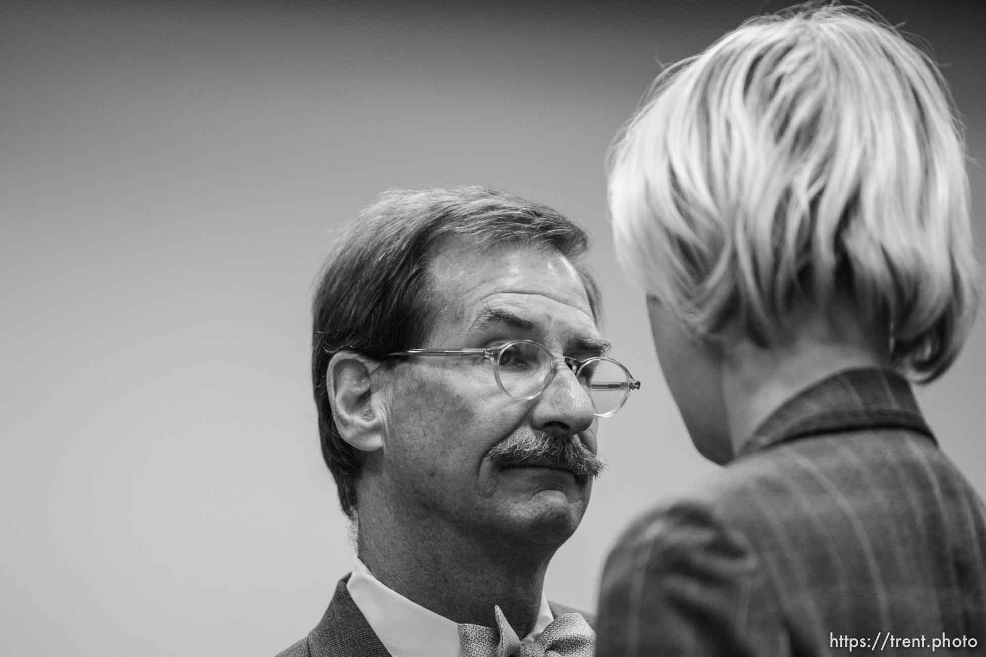 The Warren Jeffs' trial in St. George, Utah. Jeffs, head of the Fundamentalist Church of Jesus Christ of Latter Day Saints, is charged with two counts of rape as an accomplice for allegedly coercing the marriage and rape of a 14-year-old follower to her 19-year-old cousin in 2001.. defense attorney Walter Bugden. defense attorney Tara Isaacson