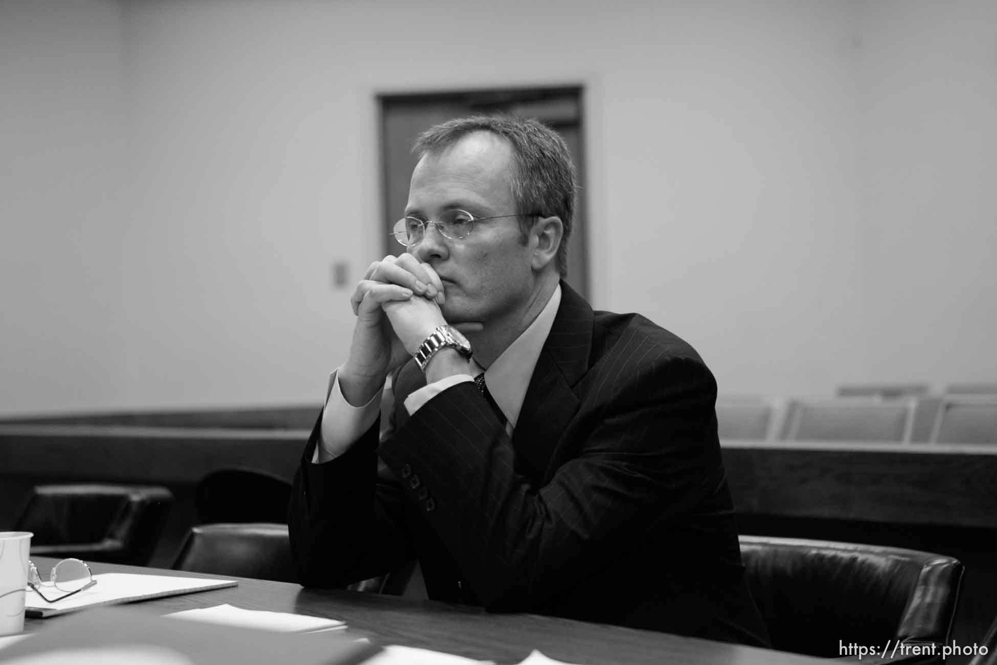 The Warren Jeffs' trial in St. George, Utah. Jeffs, head of the Fundamentalist Church of Jesus Christ of Latter Day Saints, is charged with two counts of rape as an accomplice for allegedly coercing the marriage and rape of a 14-year-old follower to her 19-year-old cousin in 2001. Washington County Attorney Brock Belnap