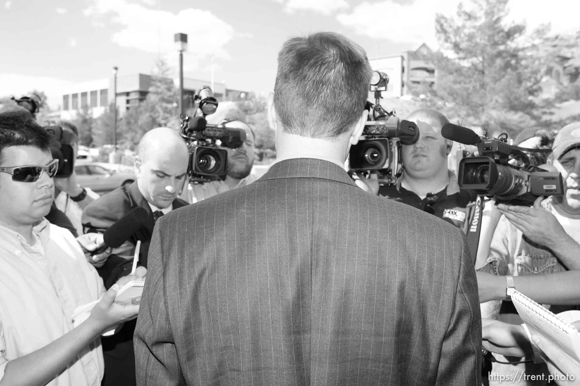 The Warren Jeffs' trial in St. George, Utah. Jeffs, head of the Fundamentalist Church of Jesus Christ of Latter Day Saints, is charged with two counts of rape as an accomplice for allegedly coercing the marriage and rape of a 14-year-old follower to her 19-year-old cousin in 2001. victim's attorney greg hoole speaks to reporters