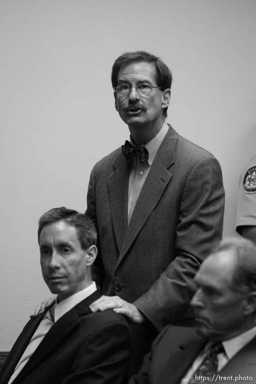 The Warren Jeffs' trial in St. George, Utah. Jeffs, head of the Fundamentalist Church of Jesus Christ of Latter Day Saints, is charged with two counts of rape as an accomplice for allegedly coercing the marriage and rape of a 14-year-old follower to her 19-year-old cousin in 2001.. defense attorney Walter Bugden. defense attorney Richard Wright