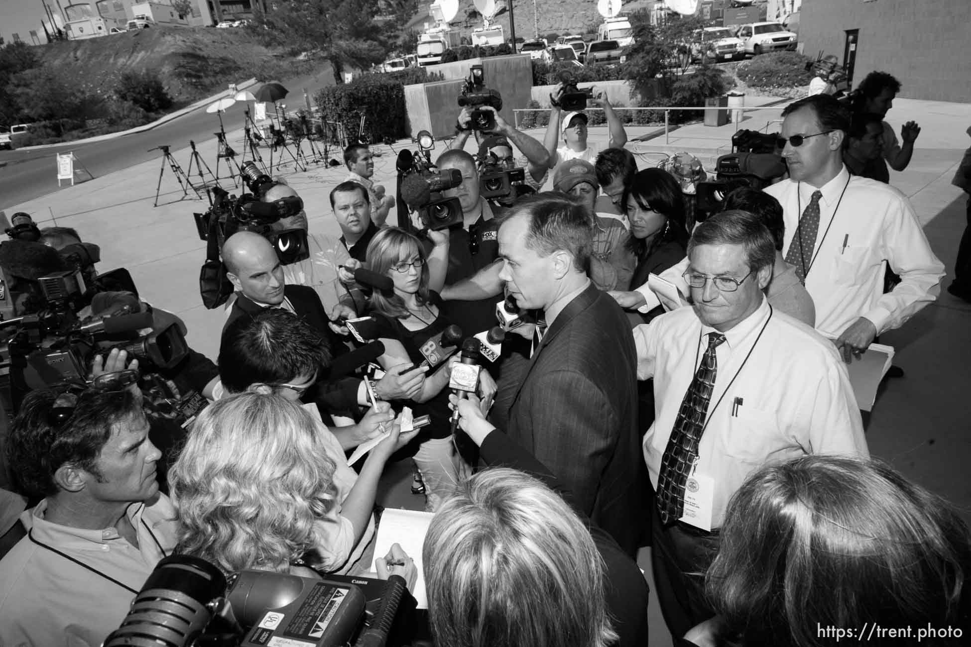 The Warren Jeffs' trial in St. George, Utah. Jeffs, head of the Fundamentalist Church of Jesus Christ of Latter Day Saints, is charged with two counts of rape as an accomplice for allegedly coercing the marriage and rape of a 14-year-old follower to her 19-year-old cousin in 2001. victim's attorney greg hoole speaks to reporters