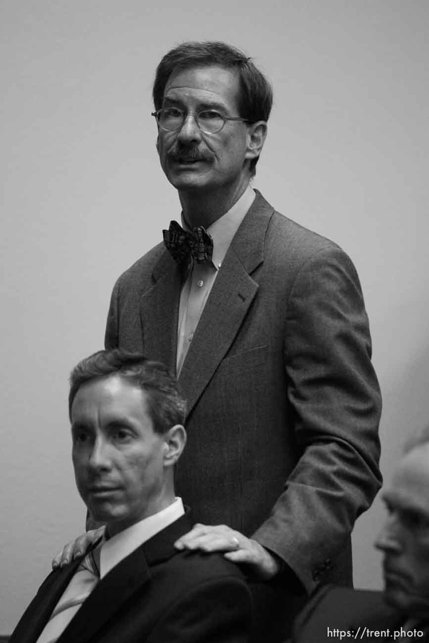 The Warren Jeffs' trial in St. George, Utah. Jeffs, head of the Fundamentalist Church of Jesus Christ of Latter Day Saints, is charged with two counts of rape as an accomplice for allegedly coercing the marriage and rape of a 14-year-old follower to her 19-year-old cousin in 2001.. defense attorney Walter Bugden. defense attorney Richard Wright