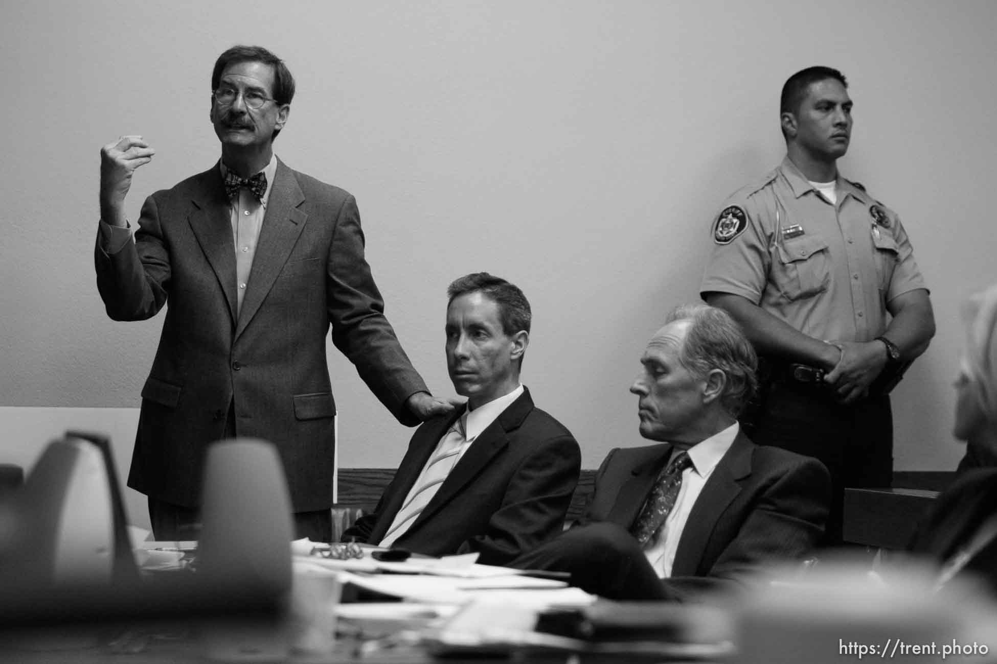 The Warren Jeffs' trial in St. George, Utah. Jeffs, head of the Fundamentalist Church of Jesus Christ of Latter Day Saints, is charged with two counts of rape as an accomplice for allegedly coercing the marriage and rape of a 14-year-old follower to her 19-year-old cousin in 2001.. defense attorney Walter Bugden. defense attorney Richard Wright