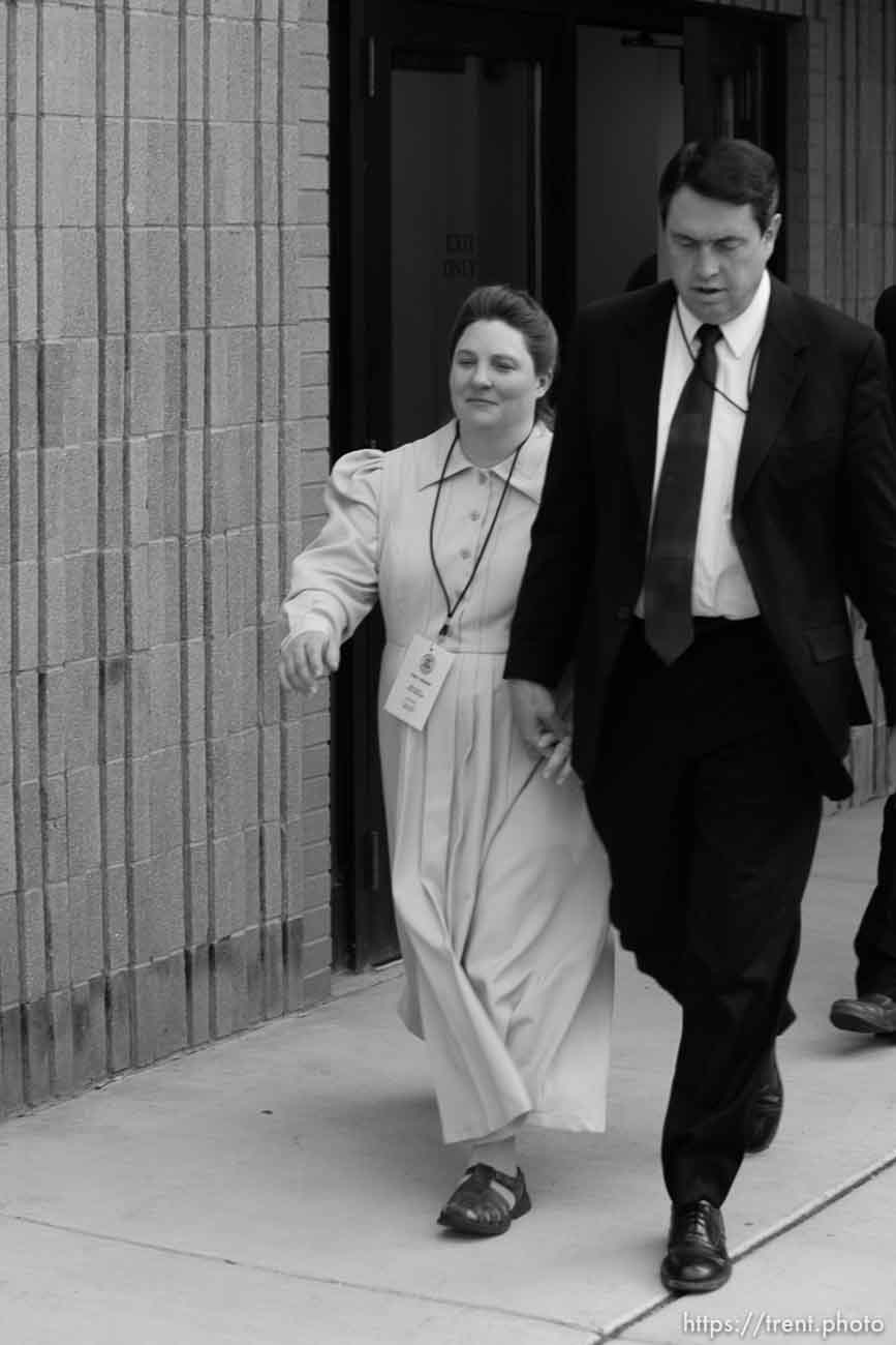 The Warren Jeffs' trial in St. George, Utah. Jeffs, head of the Fundamentalist Church of Jesus Christ of Latter Day Saints, is charged with two counts of rape as an accomplice for allegedly coercing the marriage and rape of a 14-year-old follower to her 19-year-old cousin in 2001.. apparent followers of warren jeffs' flds church