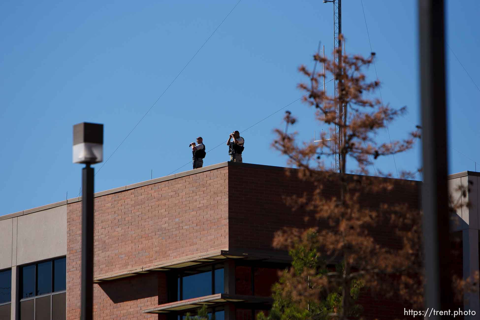 police working security. St. George - Warren Jeffs trial. The polygamous sect leader was charged with two counts of rape as an accomplice stemming from a marriage he officiated involving a 14-year-old girl and her 19-year-old cousin.