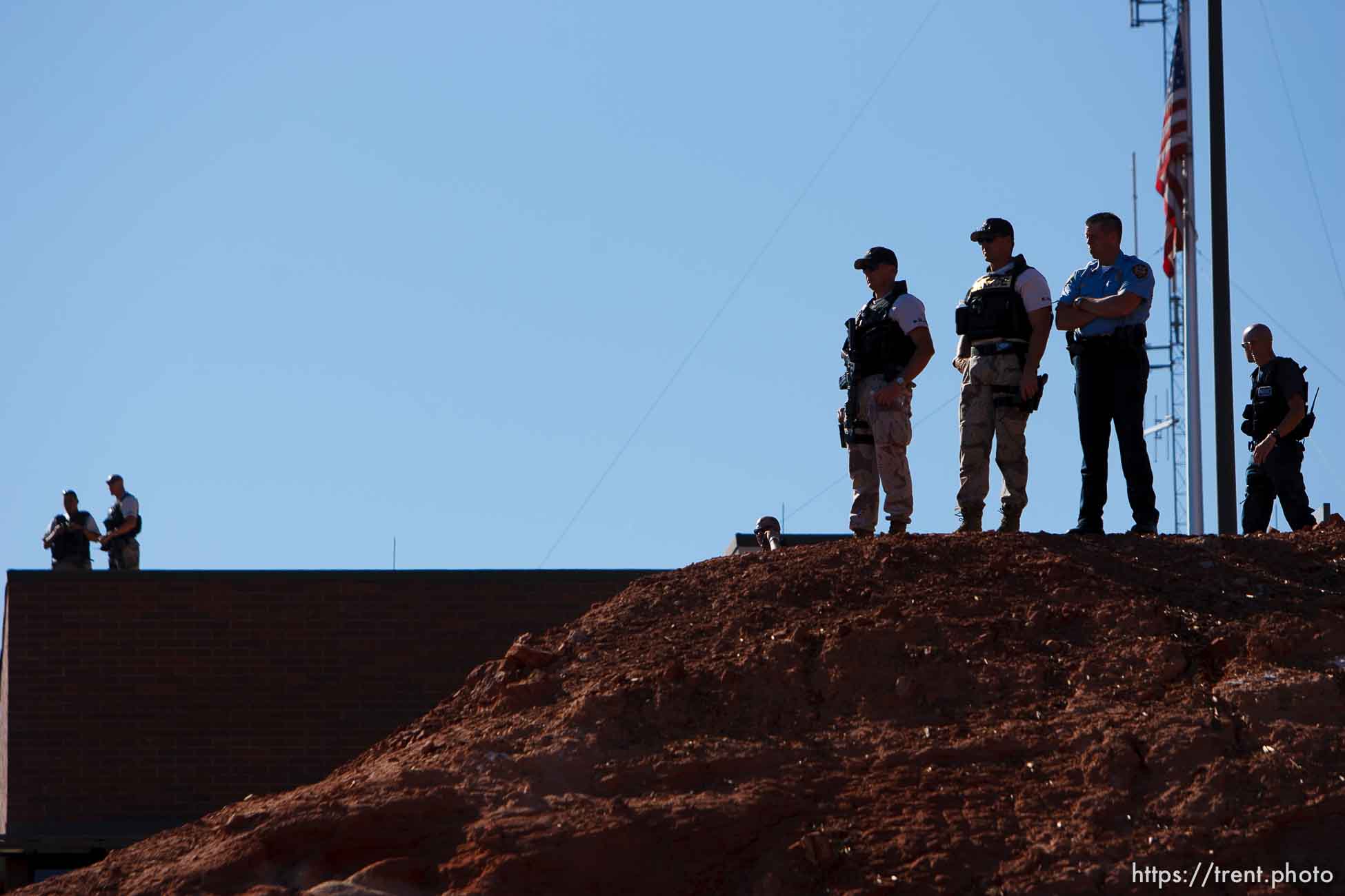 police working security. St. George - Warren Jeffs trial. The polygamous sect leader was charged with two counts of rape as an accomplice stemming from a marriage he officiated involving a 14-year-old girl and her 19-year-old cousin.