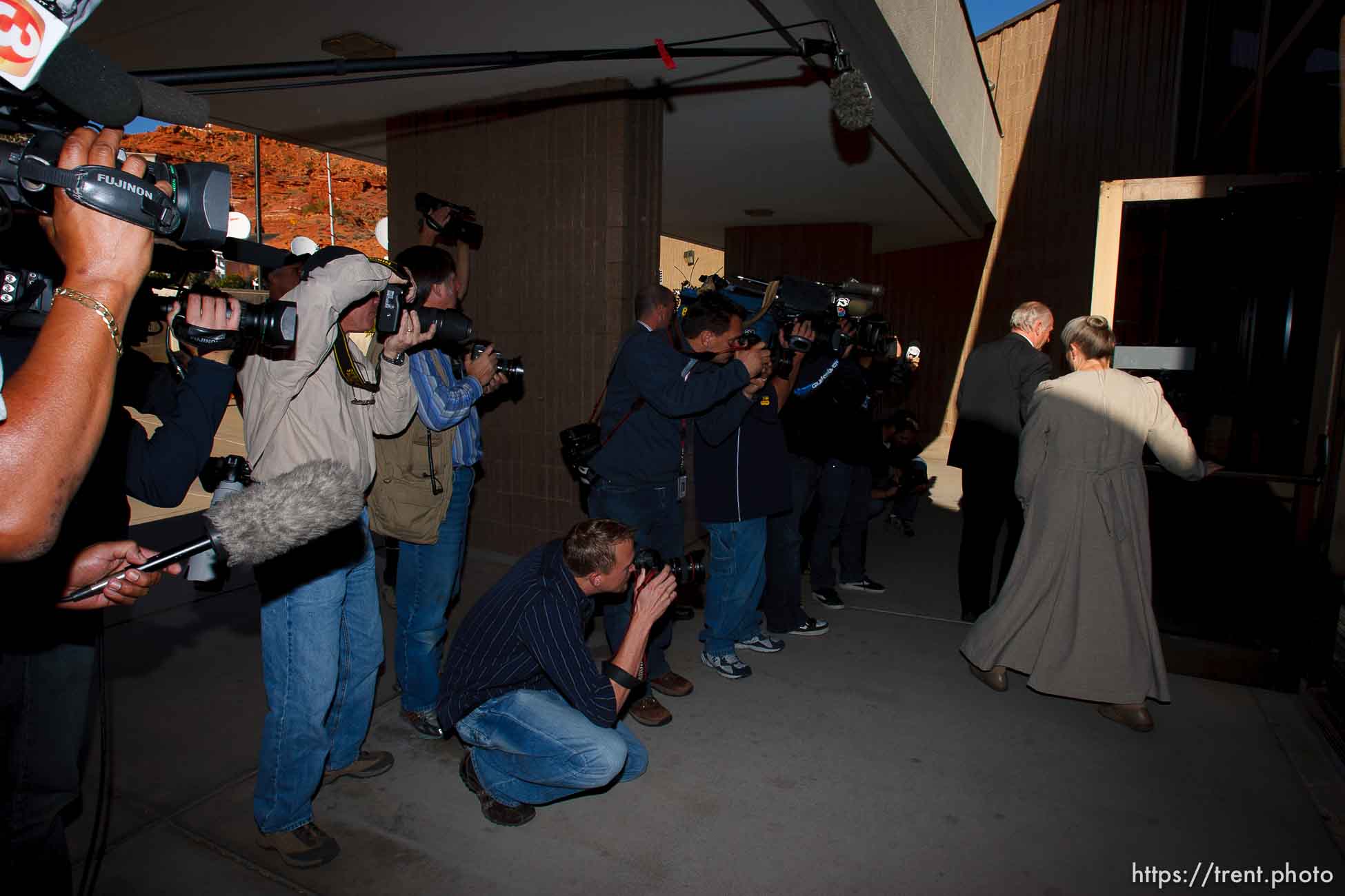 Warren Jeffs supporters and media St. George - Polygamous sect leader Warren Jeffs was sentenced Tuesday, November 20, 2007 after being found guilty on two counts of rape as an accomplice, in St. George, Utah. Jeffs, head of the Fundamentalist Church of Jesus Christ of Latter Day Saints, was found guilty of two counts of rape as an accomplice for allegedly coercing the marriage and rape of a 14-year-old follower to her 19-year-old cousin in 2001.
; 11.20.2007