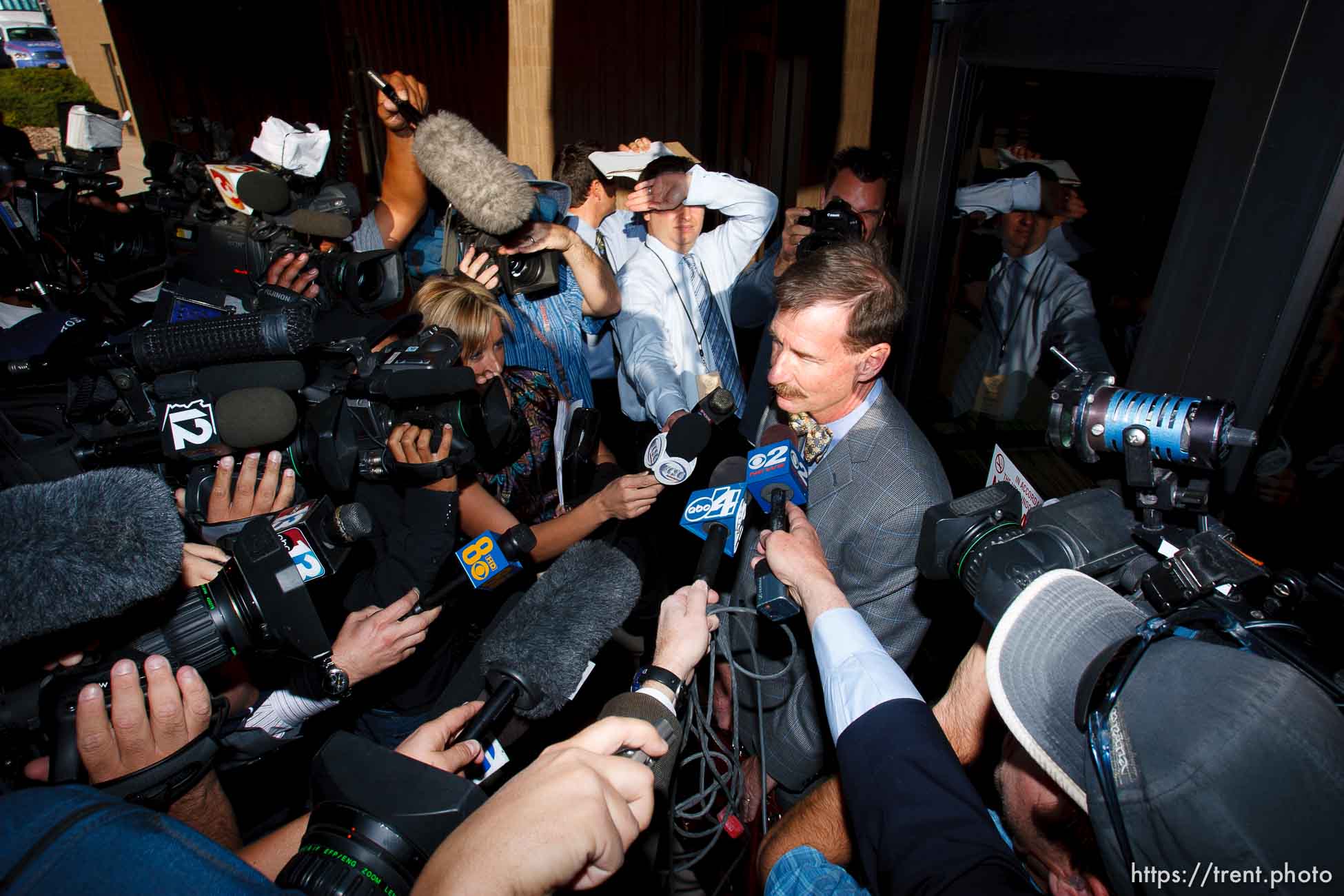 Warren Jeffs attorney Walter Bugden and media. St. George - Polygamous sect leader Warren Jeffs was sentenced Tuesday, November 20, 2007 after being found guilty on two counts of rape as an accomplice, in St. George, Utah. Jeffs, head of the Fundamentalist Church of Jesus Christ of Latter Day Saints, was found guilty of two counts of rape as an accomplice for allegedly coercing the marriage and rape of a 14-year-old follower to her 19-year-old cousin in 2001.
; 11.20.2007