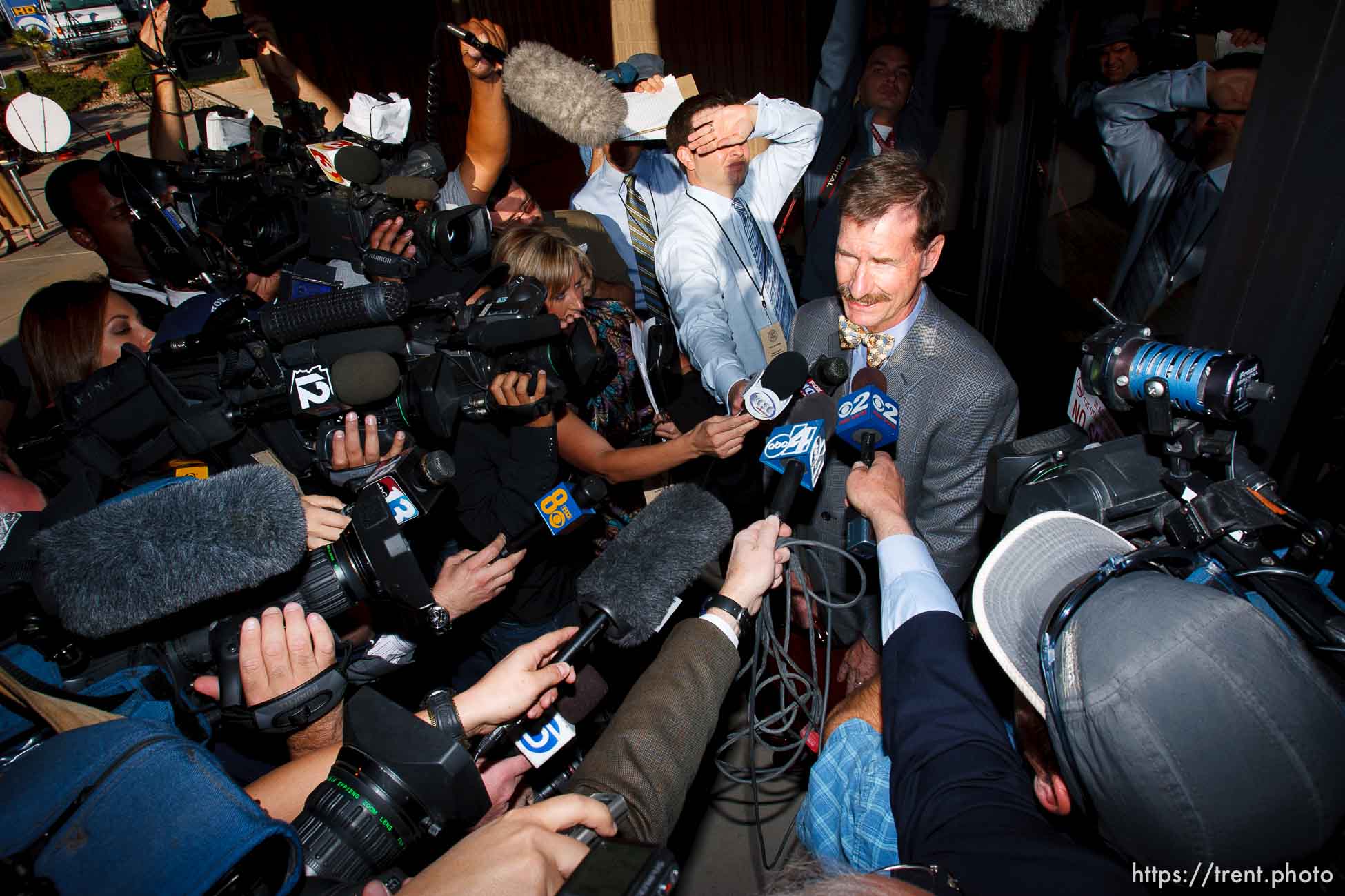 Warren Jeffs attorney Walter Bugden and media. St. George - Polygamous sect leader Warren Jeffs was sentenced Tuesday, November 20, 2007 after being found guilty on two counts of rape as an accomplice, in St. George, Utah. Jeffs, head of the Fundamentalist Church of Jesus Christ of Latter Day Saints, was found guilty of two counts of rape as an accomplice for allegedly coercing the marriage and rape of a 14-year-old follower to her 19-year-old cousin in 2001.
; 11.20.2007