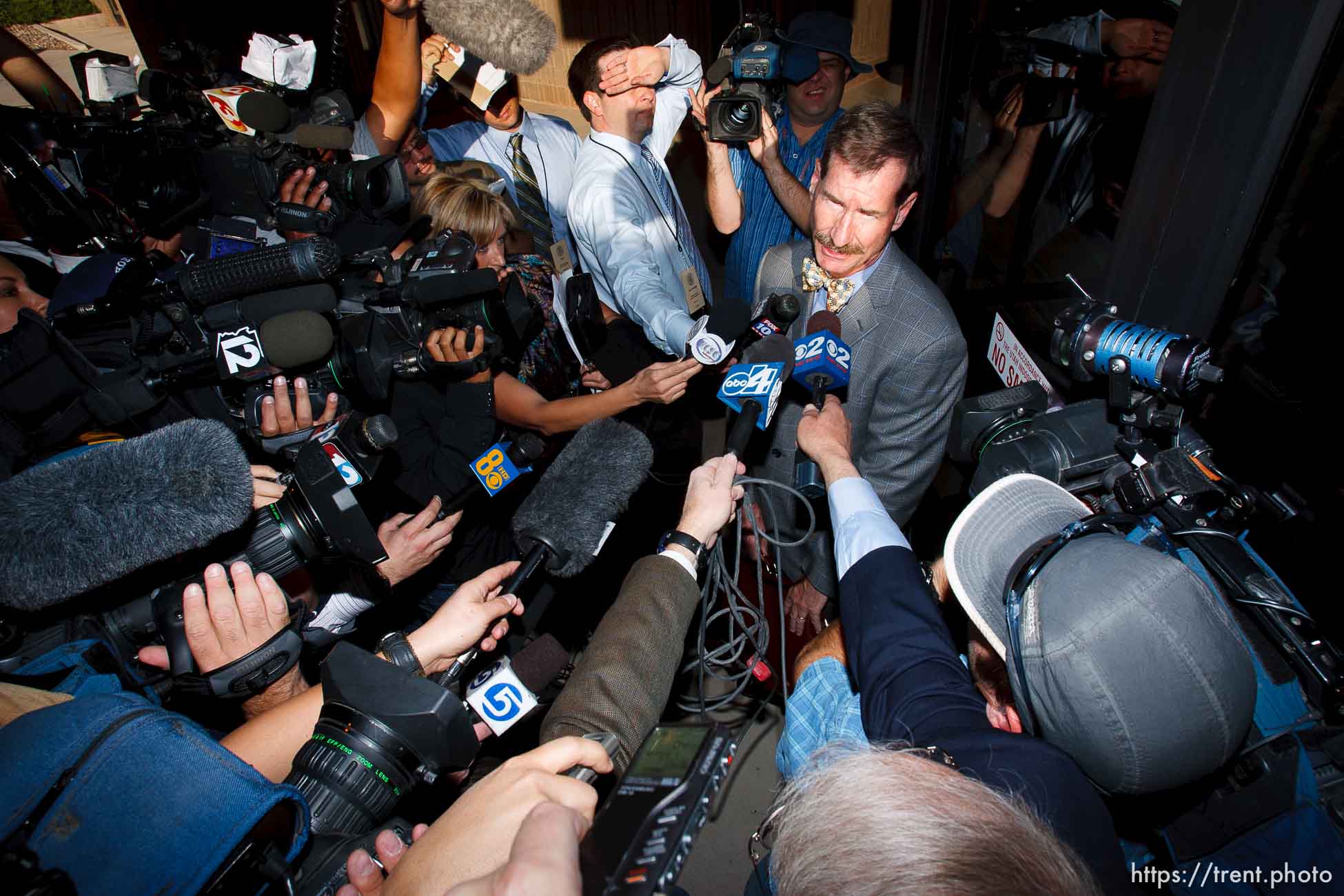 Warren Jeffs attorney Walter Bugden and media. St. George - Polygamous sect leader Warren Jeffs was sentenced Tuesday, November 20, 2007 after being found guilty on two counts of rape as an accomplice, in St. George, Utah. Jeffs, head of the Fundamentalist Church of Jesus Christ of Latter Day Saints, was found guilty of two counts of rape as an accomplice for allegedly coercing the marriage and rape of a 14-year-old follower to her 19-year-old cousin in 2001.
; 11.20.2007