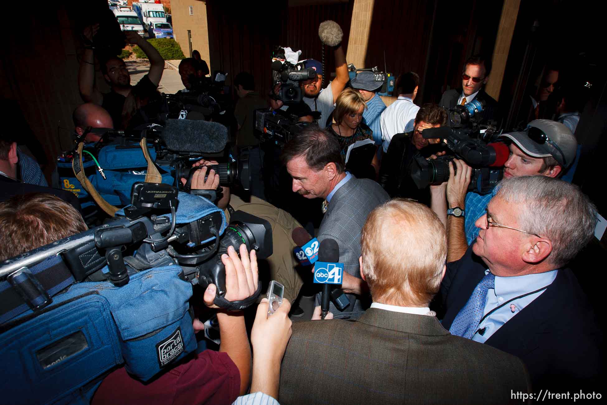 Warren Jeffs attorney Walter Bugden and media. St. George - Polygamous sect leader Warren Jeffs was sentenced Tuesday, November 20, 2007 after being found guilty on two counts of rape as an accomplice, in St. George, Utah. Jeffs, head of the Fundamentalist Church of Jesus Christ of Latter Day Saints, was found guilty of two counts of rape as an accomplice for allegedly coercing the marriage and rape of a 14-year-old follower to her 19-year-old cousin in 2001.
; 11.20.2007