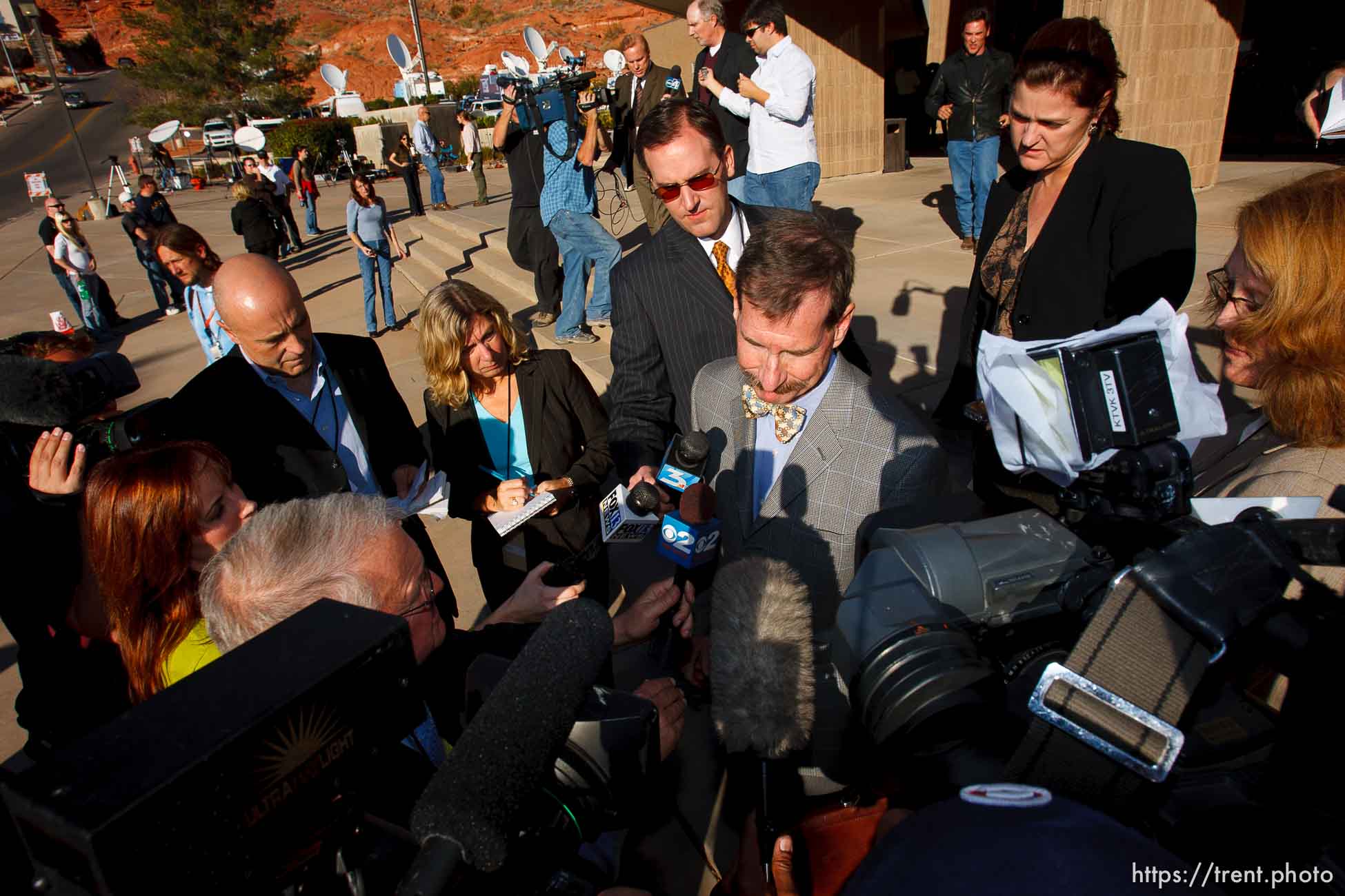 Warren Jeffs attorney Walter Bugden and media. St. George - Polygamous sect leader Warren Jeffs was sentenced Tuesday, November 20, 2007 after being found guilty on two counts of rape as an accomplice, in St. George, Utah. Jeffs, head of the Fundamentalist Church of Jesus Christ of Latter Day Saints, was found guilty of two counts of rape as an accomplice for allegedly coercing the marriage and rape of a 14-year-old follower to her 19-year-old cousin in 2001.
; 11.20.2007