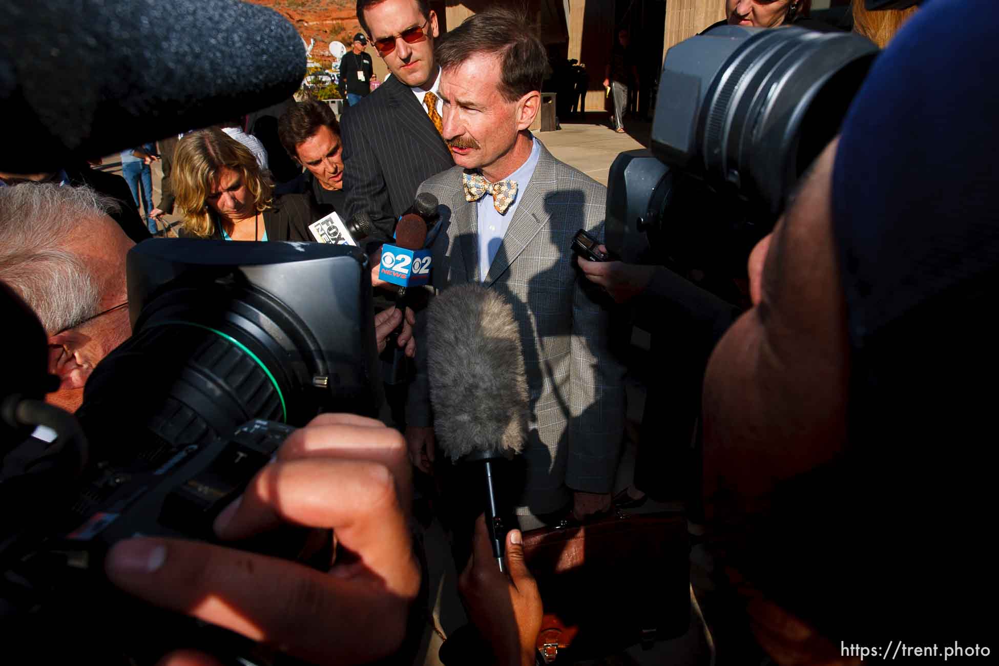 Warren Jeffs attorney Walter Bugden and media. St. George - Polygamous sect leader Warren Jeffs was sentenced Tuesday, November 20, 2007 after being found guilty on two counts of rape as an accomplice, in St. George, Utah. Jeffs, head of the Fundamentalist Church of Jesus Christ of Latter Day Saints, was found guilty of two counts of rape as an accomplice for allegedly coercing the marriage and rape of a 14-year-old follower to her 19-year-old cousin in 2001.
; 11.20.2007