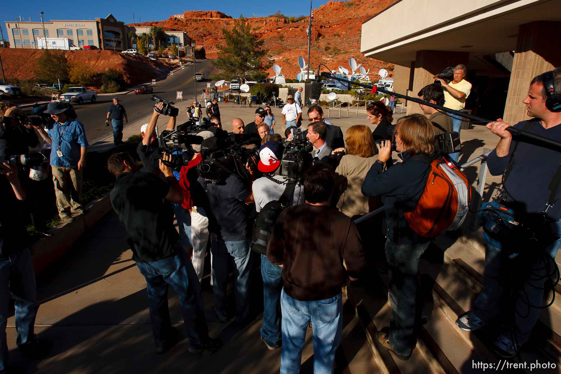 Warren Jeffs attorney Walter Bugden and media. St. George - Polygamous sect leader Warren Jeffs was sentenced Tuesday, November 20, 2007 after being found guilty on two counts of rape as an accomplice, in St. George, Utah. Jeffs, head of the Fundamentalist Church of Jesus Christ of Latter Day Saints, was found guilty of two counts of rape as an accomplice for allegedly coercing the marriage and rape of a 14-year-old follower to her 19-year-old cousin in 2001.
; 11.20.2007