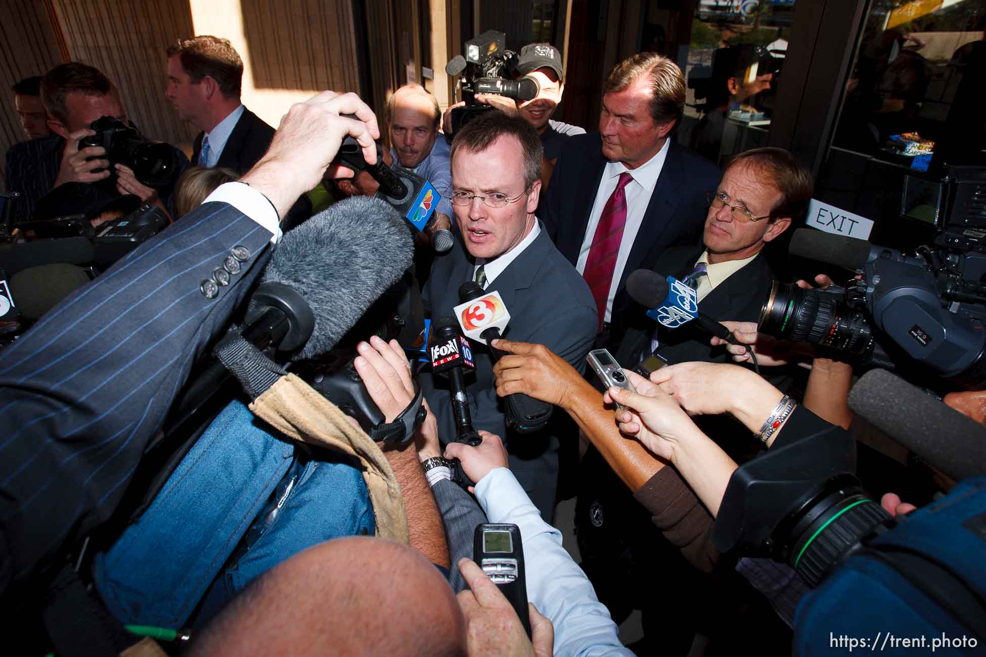 Washington County Attorney Brock Belnap and media. St. George - Polygamous sect leader Warren Jeffs was sentenced Tuesday, November 20, 2007 after being found guilty on two counts of rape as an accomplice, in St. George, Utah. Jeffs, head of the Fundamentalist Church of Jesus Christ of Latter Day Saints, was found guilty of two counts of rape as an accomplice for allegedly coercing the marriage and rape of a 14-year-old follower to her 19-year-old cousin in 2001.
; 11.20.2007