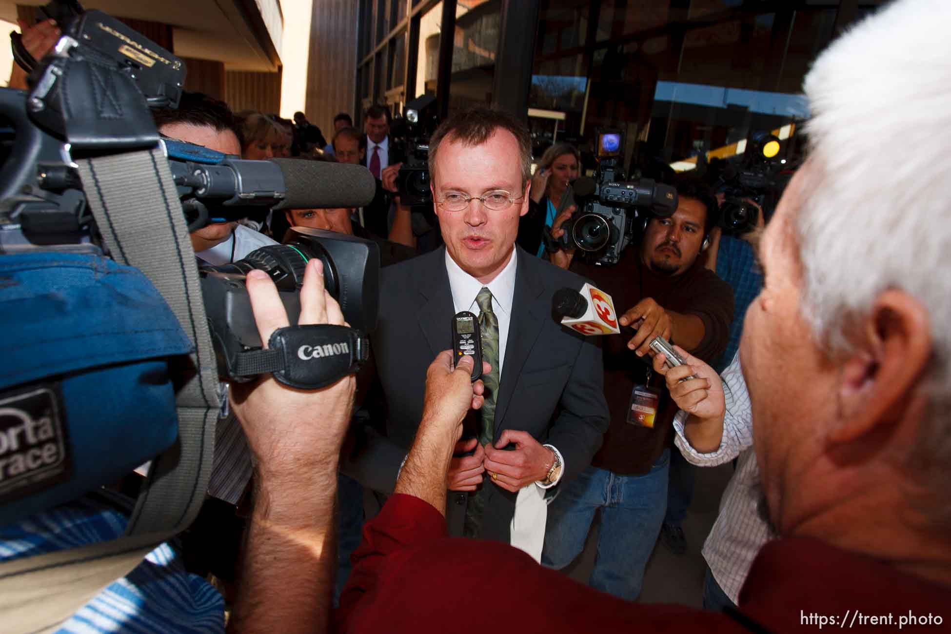 Washington County Attorney Brock Belnap and media. St. George - Polygamous sect leader Warren Jeffs was sentenced Tuesday, November 20, 2007 after being found guilty on two counts of rape as an accomplice, in St. George, Utah. Jeffs, head of the Fundamentalist Church of Jesus Christ of Latter Day Saints, was found guilty of two counts of rape as an accomplice for allegedly coercing the marriage and rape of a 14-year-old follower to her 19-year-old cousin in 2001.
; 11.20.2007