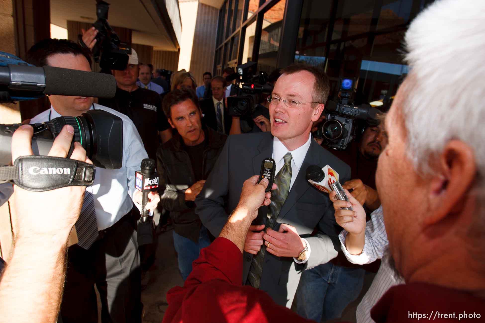 Washington County Attorney Brock Belnap and media. St. George - Polygamous sect leader Warren Jeffs was sentenced Tuesday, November 20, 2007 after being found guilty on two counts of rape as an accomplice, in St. George, Utah. Jeffs, head of the Fundamentalist Church of Jesus Christ of Latter Day Saints, was found guilty of two counts of rape as an accomplice for allegedly coercing the marriage and rape of a 14-year-old follower to her 19-year-old cousin in 2001.
; 11.20.2007