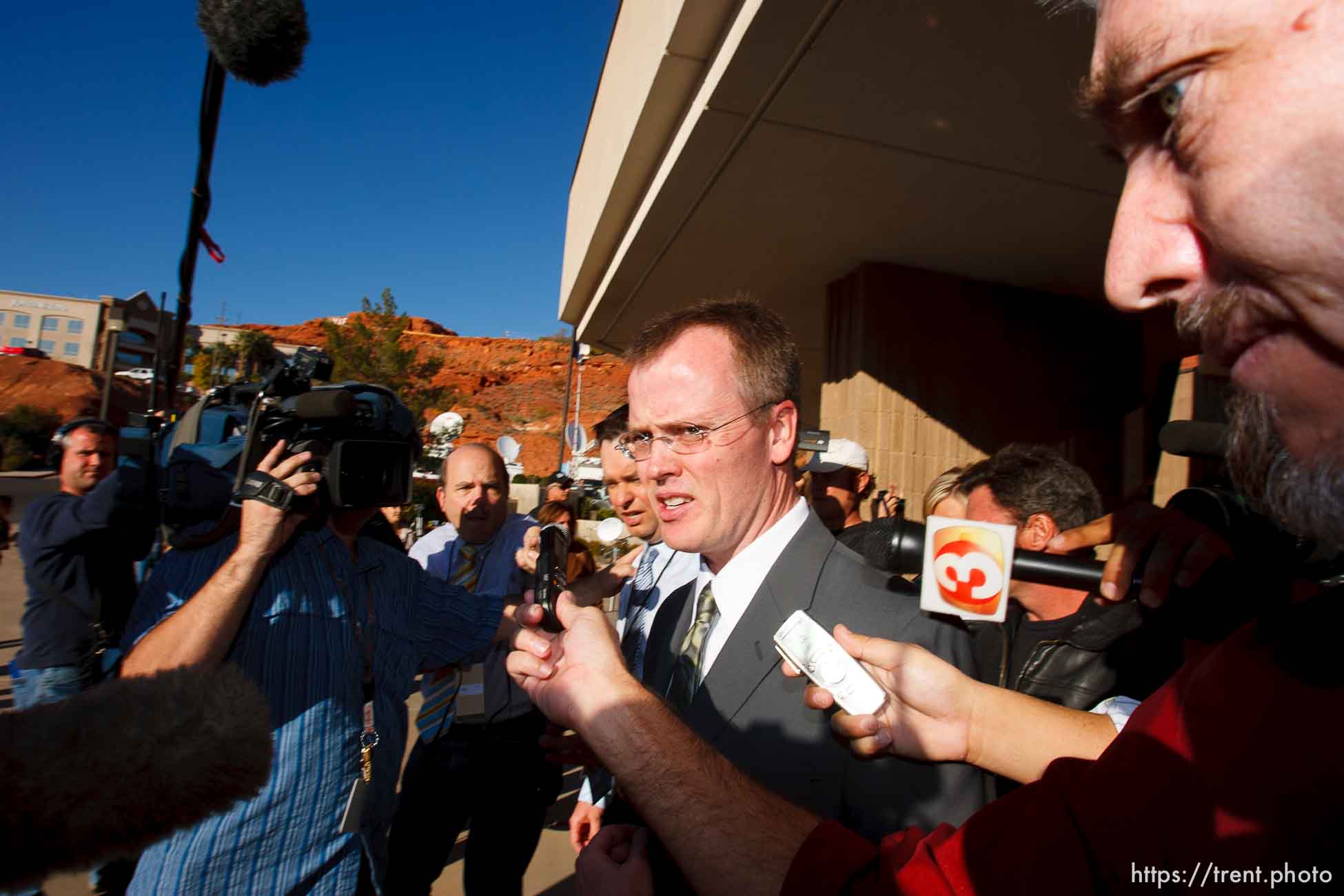 Washington County Attorney Brock Belnap and media. St. George - Polygamous sect leader Warren Jeffs was sentenced Tuesday, November 20, 2007 after being found guilty on two counts of rape as an accomplice, in St. George, Utah. Jeffs, head of the Fundamentalist Church of Jesus Christ of Latter Day Saints, was found guilty of two counts of rape as an accomplice for allegedly coercing the marriage and rape of a 14-year-old follower to her 19-year-old cousin in 2001.
; 11.20.2007