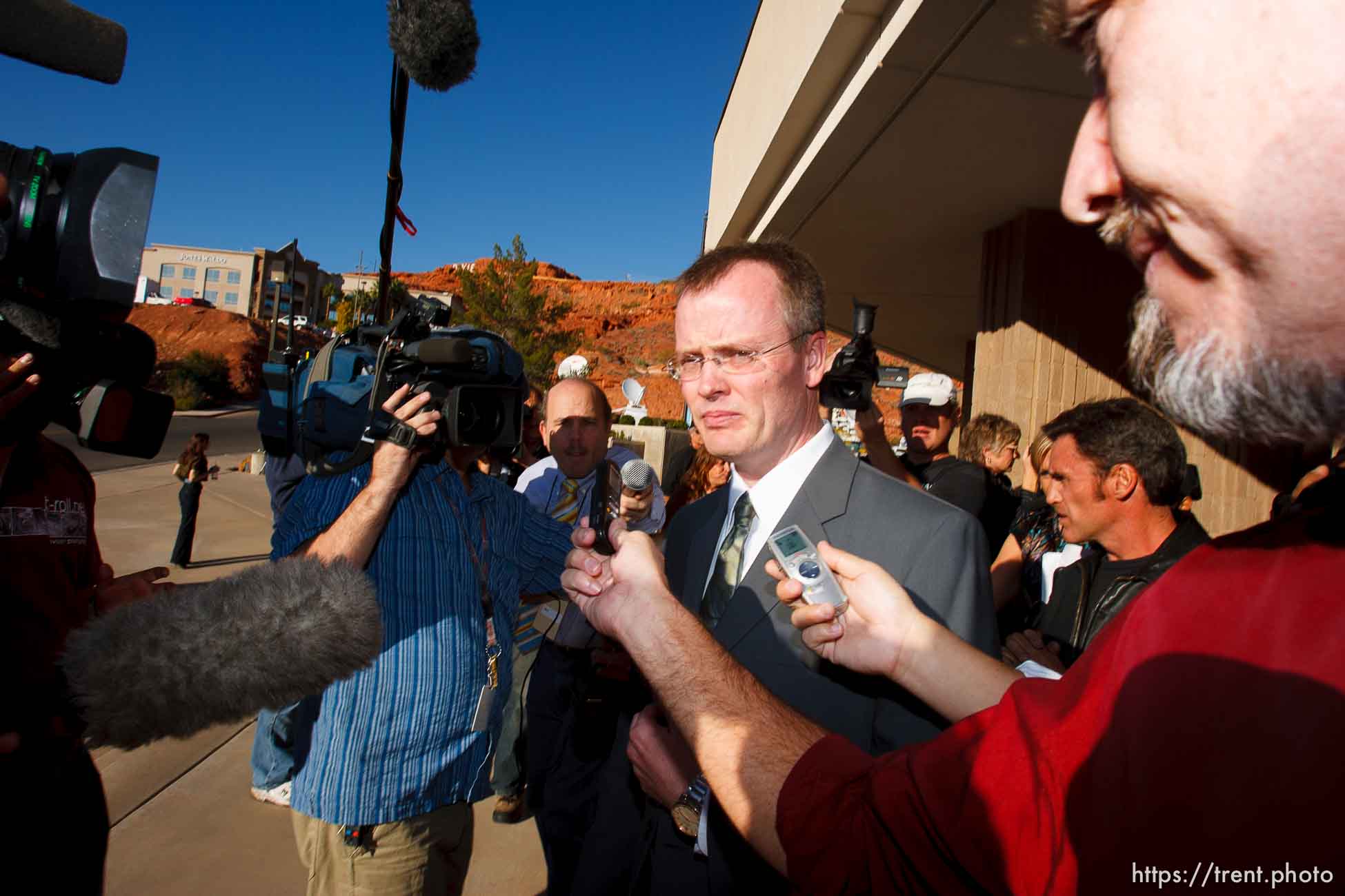 Washington County Attorney Brock Belnap and media. St. George - Polygamous sect leader Warren Jeffs was sentenced Tuesday, November 20, 2007 after being found guilty on two counts of rape as an accomplice, in St. George, Utah. Jeffs, head of the Fundamentalist Church of Jesus Christ of Latter Day Saints, was found guilty of two counts of rape as an accomplice for allegedly coercing the marriage and rape of a 14-year-old follower to her 19-year-old cousin in 2001.
; 11.20.2007