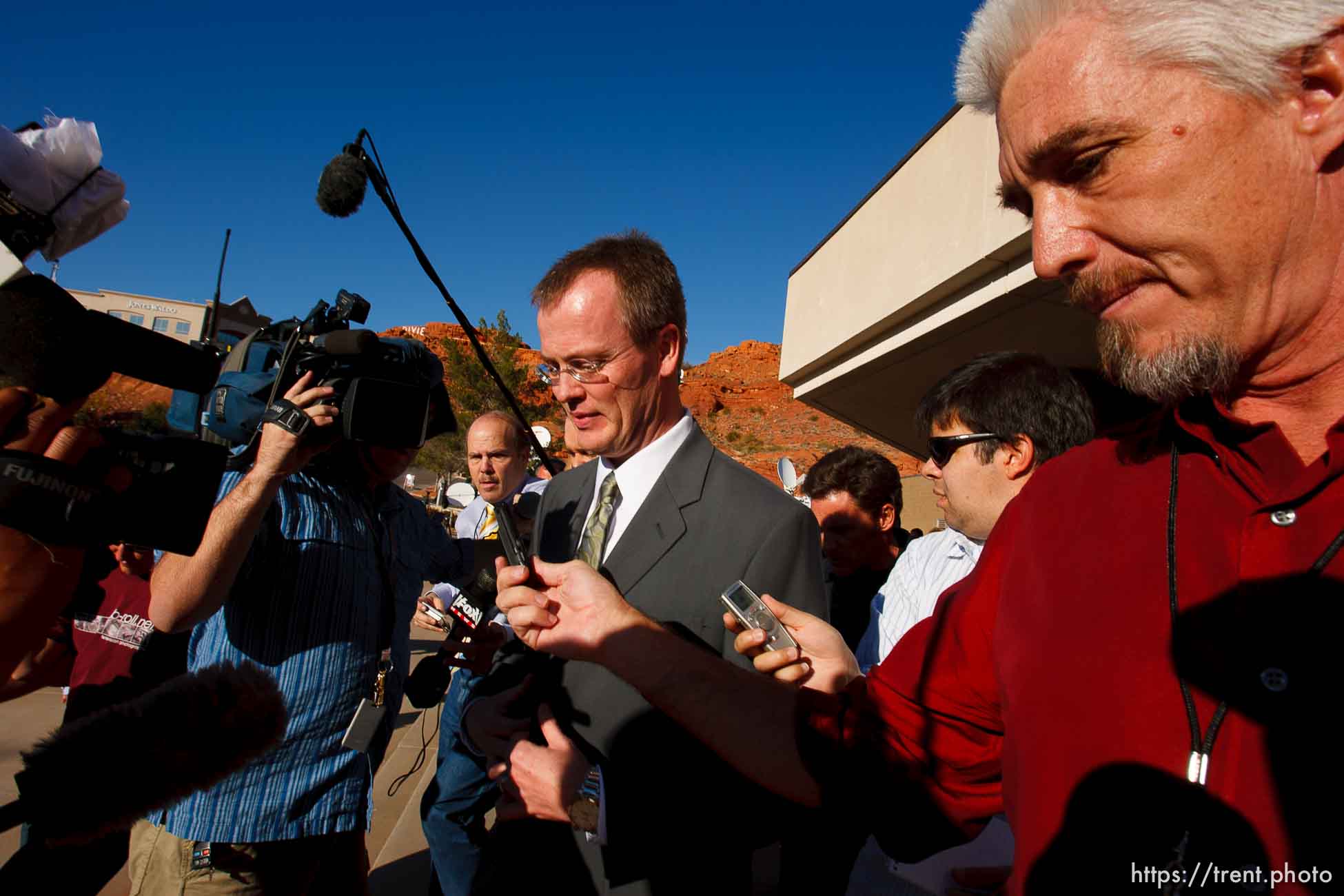 Washington County Attorney Brock Belnap and media. St. George - Polygamous sect leader Warren Jeffs was sentenced Tuesday, November 20, 2007 after being found guilty on two counts of rape as an accomplice, in St. George, Utah. Jeffs, head of the Fundamentalist Church of Jesus Christ of Latter Day Saints, was found guilty of two counts of rape as an accomplice for allegedly coercing the marriage and rape of a 14-year-old follower to her 19-year-old cousin in 2001.
; 11.20.2007