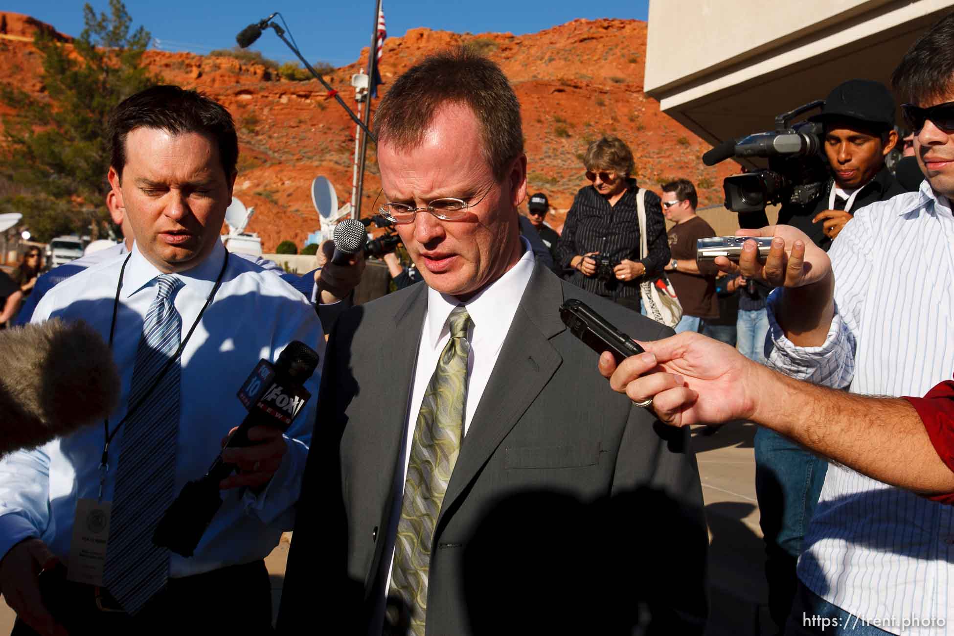 Washington County Attorney Brock Belnap and media. St. George - Polygamous sect leader Warren Jeffs was sentenced Tuesday, November 20, 2007 after being found guilty on two counts of rape as an accomplice, in St. George, Utah. Jeffs, head of the Fundamentalist Church of Jesus Christ of Latter Day Saints, was found guilty of two counts of rape as an accomplice for allegedly coercing the marriage and rape of a 14-year-old follower to her 19-year-old cousin in 2001.
; 11.20.2007