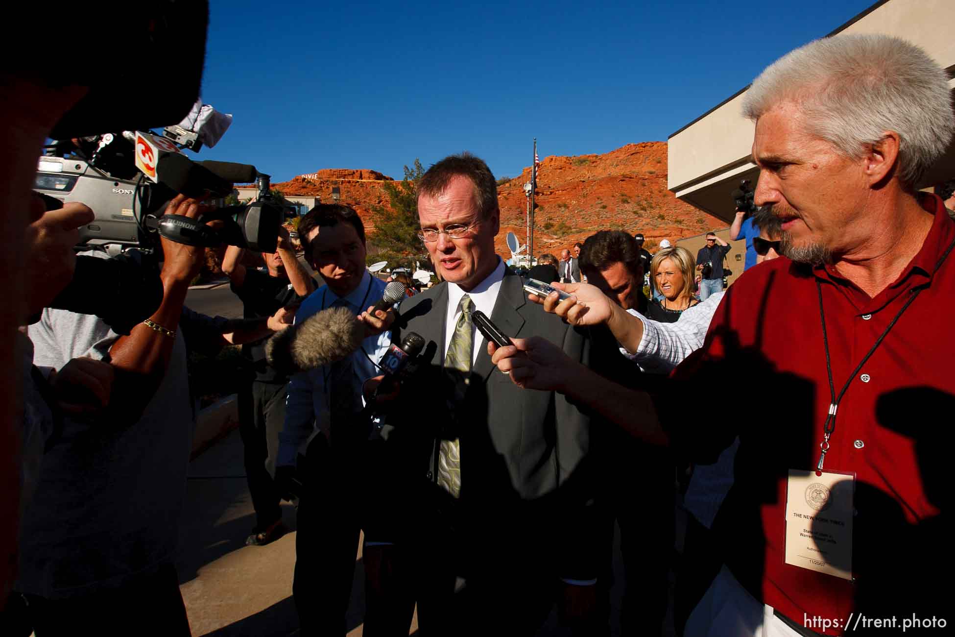 Washington County Attorney Brock Belnap and media. St. George - Polygamous sect leader Warren Jeffs was sentenced Tuesday, November 20, 2007 after being found guilty on two counts of rape as an accomplice, in St. George, Utah. Jeffs, head of the Fundamentalist Church of Jesus Christ of Latter Day Saints, was found guilty of two counts of rape as an accomplice for allegedly coercing the marriage and rape of a 14-year-old follower to her 19-year-old cousin in 2001.
; 11.20.2007