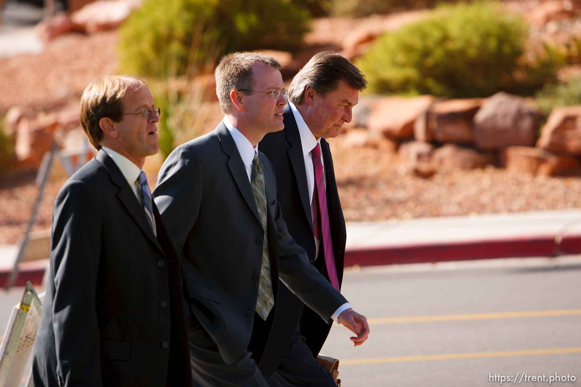 Washington County Attorney Brock Belnap with Craig Barlow, Ryan Shaum. St. George - Polygamous sect leader Warren Jeffs was sentenced Tuesday, November 20, 2007 after being found guilty on two counts of rape as an accomplice, in St. George, Utah. Jeffs, head of the Fundamentalist Church of Jesus Christ of Latter Day Saints, was found guilty of two counts of rape as an accomplice for allegedly coercing the marriage and rape of a 14-year-old follower to her 19-year-old cousin in 2001.
; 11.20.2007