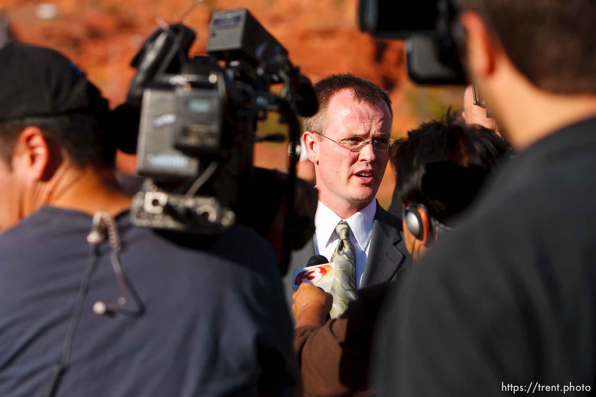 Washington County Attorney Brock Belnap and media. St. George - Polygamous sect leader Warren Jeffs was sentenced Tuesday, November 20, 2007 after being found guilty on two counts of rape as an accomplice, in St. George, Utah. Jeffs, head of the Fundamentalist Church of Jesus Christ of Latter Day Saints, was found guilty of two counts of rape as an accomplice for allegedly coercing the marriage and rape of a 14-year-old follower to her 19-year-old cousin in 2001.
; 11.20.2007