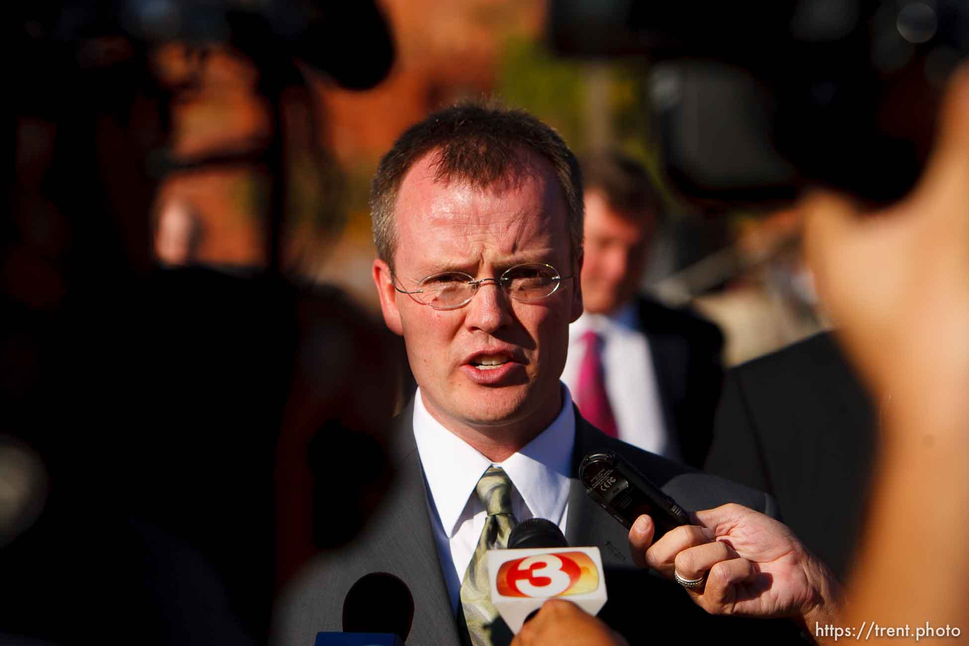 Washington County Attorney Brock Belnap and media. St. George - Polygamous sect leader Warren Jeffs was sentenced Tuesday, November 20, 2007 after being found guilty on two counts of rape as an accomplice, in St. George, Utah. Jeffs, head of the Fundamentalist Church of Jesus Christ of Latter Day Saints, was found guilty of two counts of rape as an accomplice for allegedly coercing the marriage and rape of a 14-year-old follower to her 19-year-old cousin in 2001.
; 11.20.2007