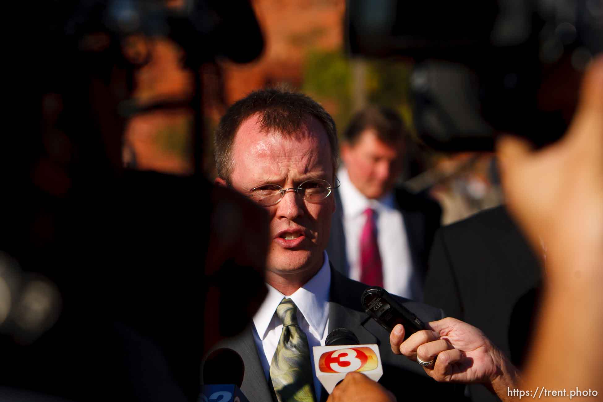 Washington County Attorney Brock Belnap and media. St. George - Polygamous sect leader Warren Jeffs was sentenced Tuesday, November 20, 2007 after being found guilty on two counts of rape as an accomplice, in St. George, Utah. Jeffs, head of the Fundamentalist Church of Jesus Christ of Latter Day Saints, was found guilty of two counts of rape as an accomplice for allegedly coercing the marriage and rape of a 14-year-old follower to her 19-year-old cousin in 2001.
; 11.20.2007