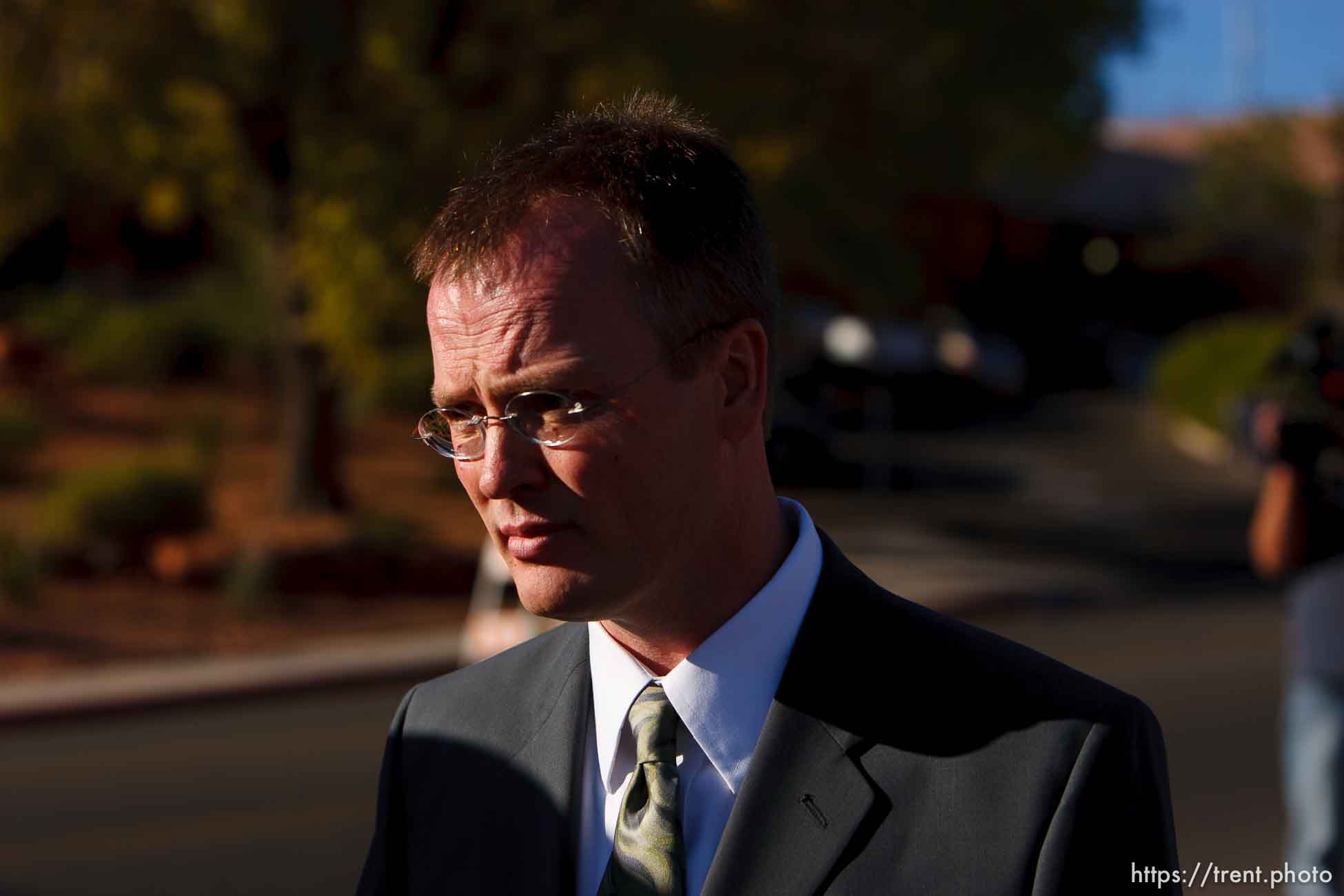 Washington County Attorney Brock Belnap and media. St. George - Polygamous sect leader Warren Jeffs was sentenced Tuesday, November 20, 2007 after being found guilty on two counts of rape as an accomplice, in St. George, Utah. Jeffs, head of the Fundamentalist Church of Jesus Christ of Latter Day Saints, was found guilty of two counts of rape as an accomplice for allegedly coercing the marriage and rape of a 14-year-old follower to her 19-year-old cousin in 2001.
; 11.20.2007