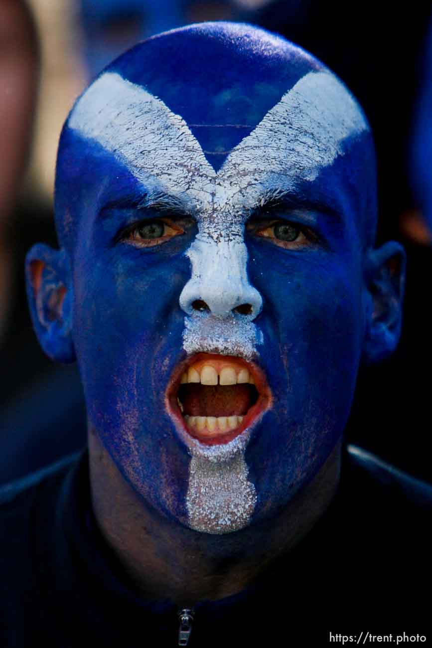 Provo - BYU fan Nick Parcell, cheering on BYU in the 3rd quarter. BYU vs. Utah, college football Saturday at BYU's Lavell Edward Stadium.