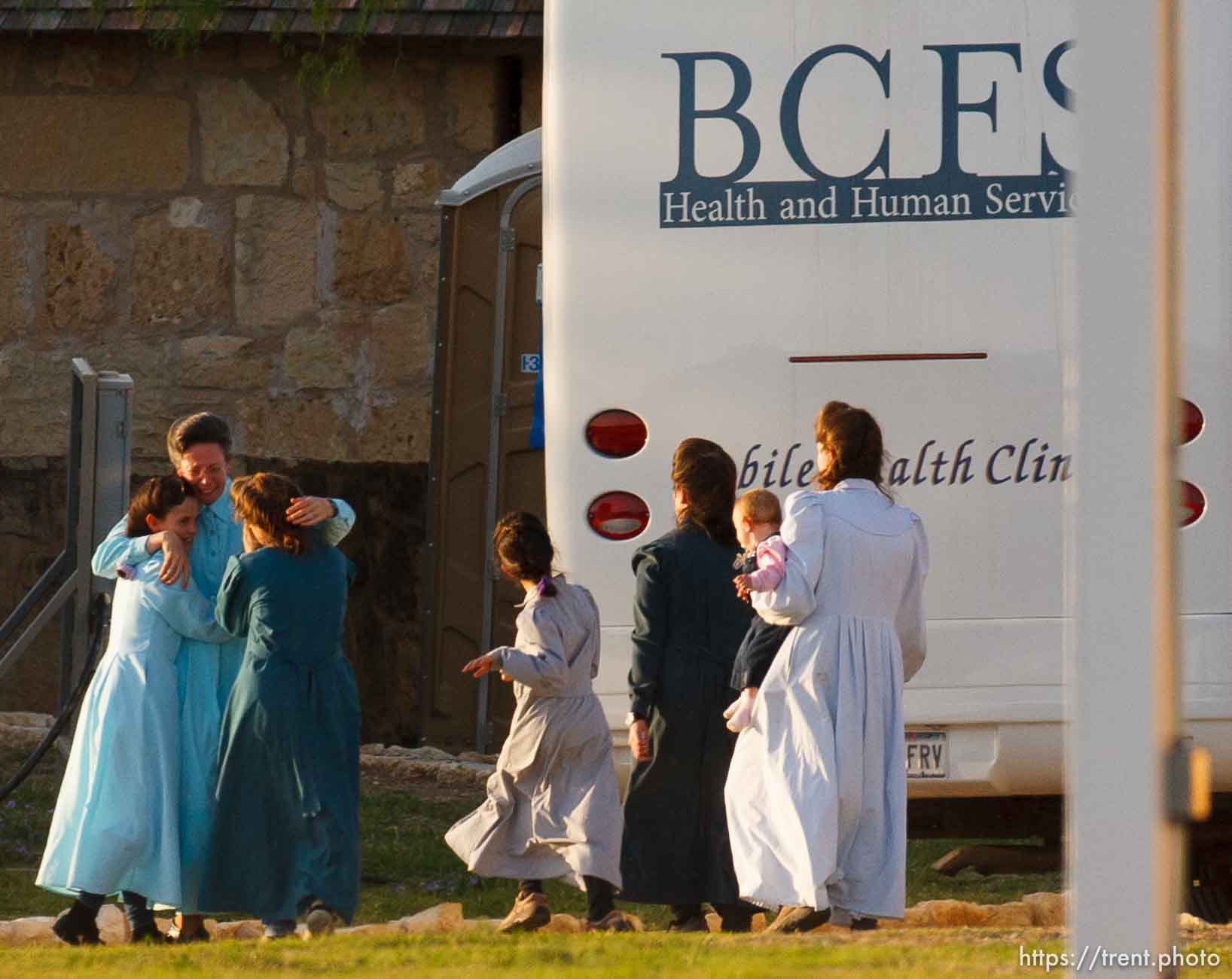 San Angelo - FLDS members taken from the YFZ Ranch arrive at Fort Concho in San Angelo, which will be used as a temporary shelter.