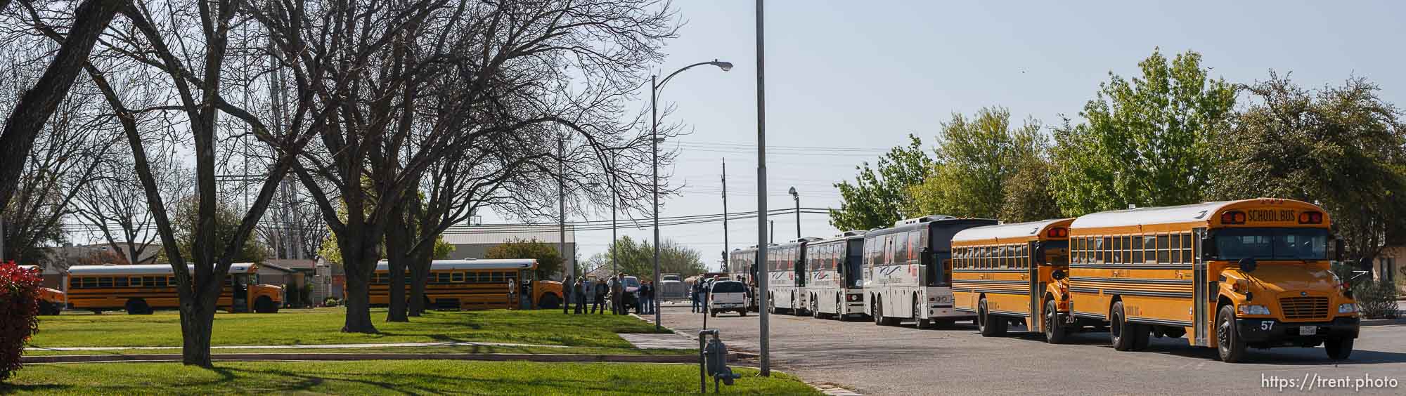 Eldorado - Buses lined up to take FLDS women and children from the YFZ Ranch to Fort Concho in San Angelo Sunday, April 6, 2008.