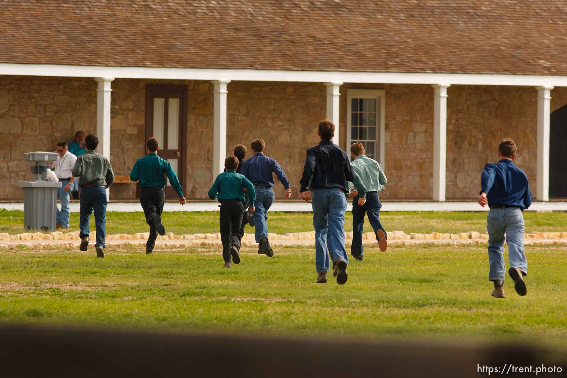 San Angelo - A group of FLDS boys outside at Fort Concho, where they are being held by Texas Child Protective Services Tuesday, April 8, 2008. CPS says they have taken 401 children from the YFZ Ranch into protective custody and brought them to Fort Concho.