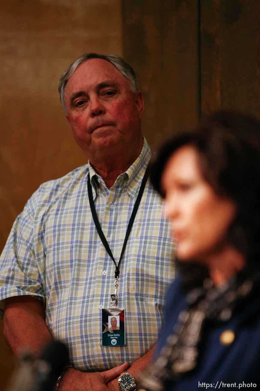 San Angelo - Marleigh Meisner, spokesperson for Texas Department of Family and Protective Services, speaks at a press conference near Fort Concho Tuesday, April 15, 2008. In the background is state representative Drew Darby.. Tuesday April 15, 2008.