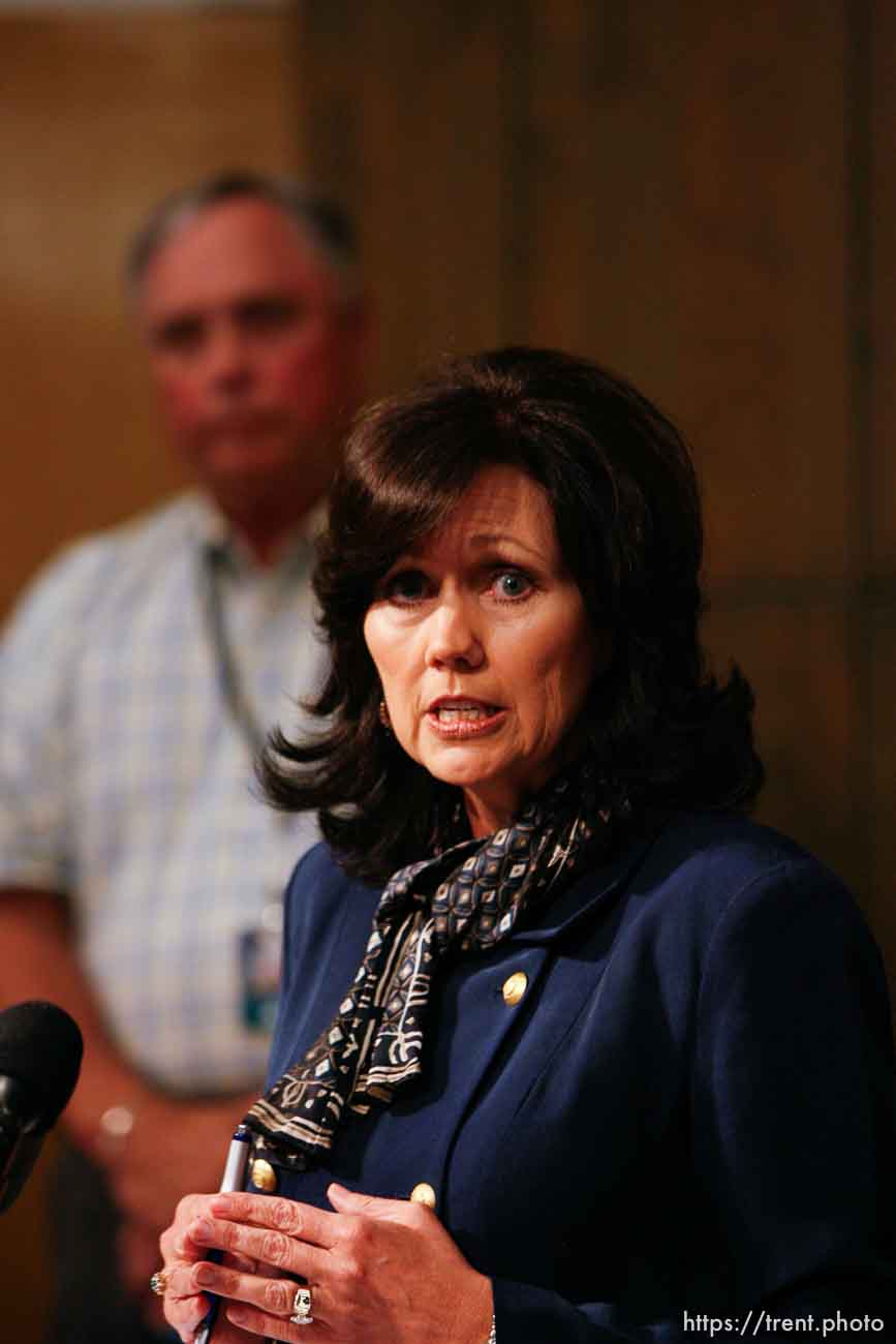 San Angelo - Marleigh Meisner, spokesperson for Texas Department of Family and Protective Services, speaks at a press conference near Fort Concho Tuesday, April 15, 2008. In the background is state representative Drew Darby.. Tuesday April 15, 2008.