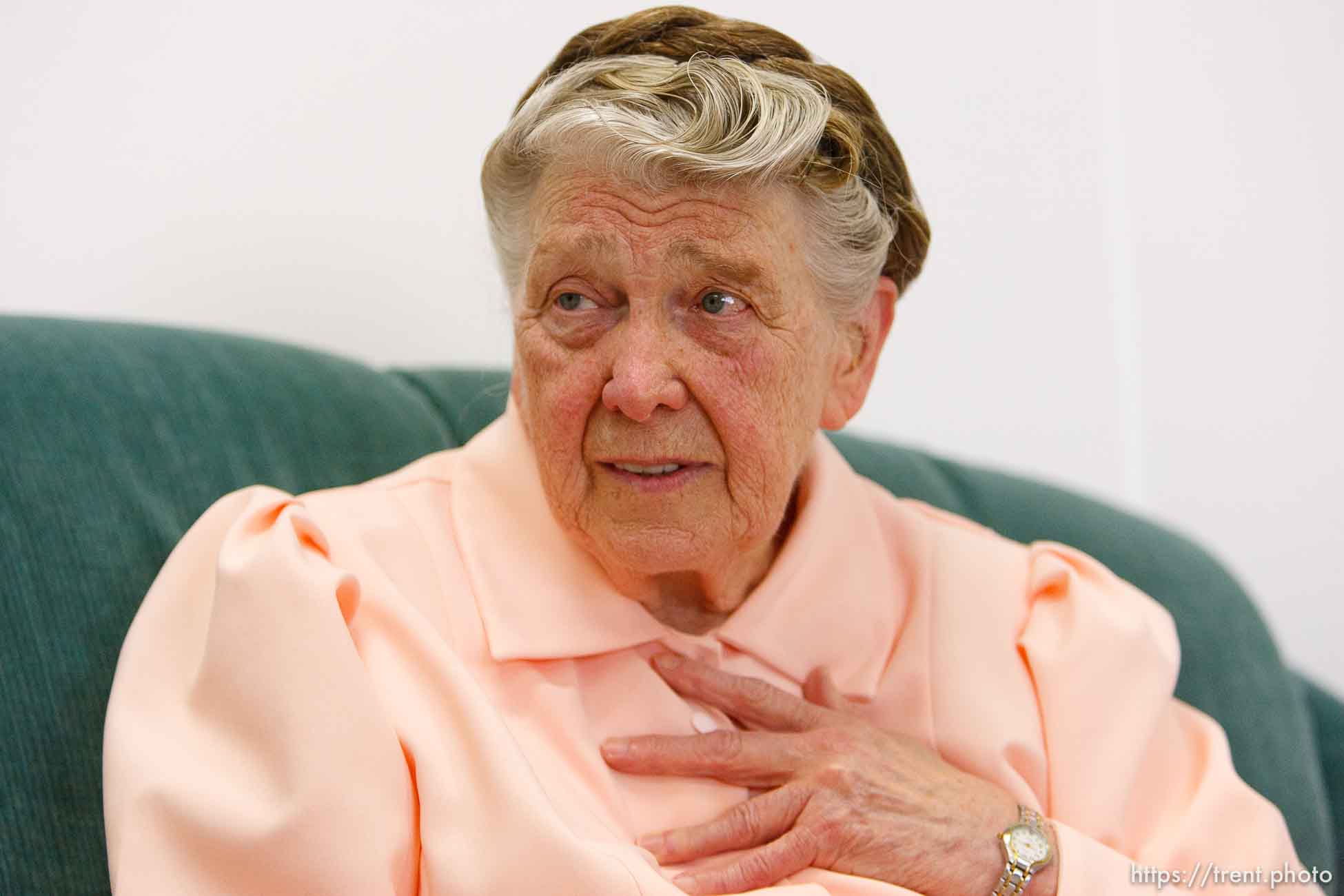 Gwendolyn, an FLDS woman on the YFZ Ranch Wednesday, April 16, 2008, tells her story of surviving the 1953 Short Creek raid as well as the current raid in Texas.. Wednesday April 16, 2008.