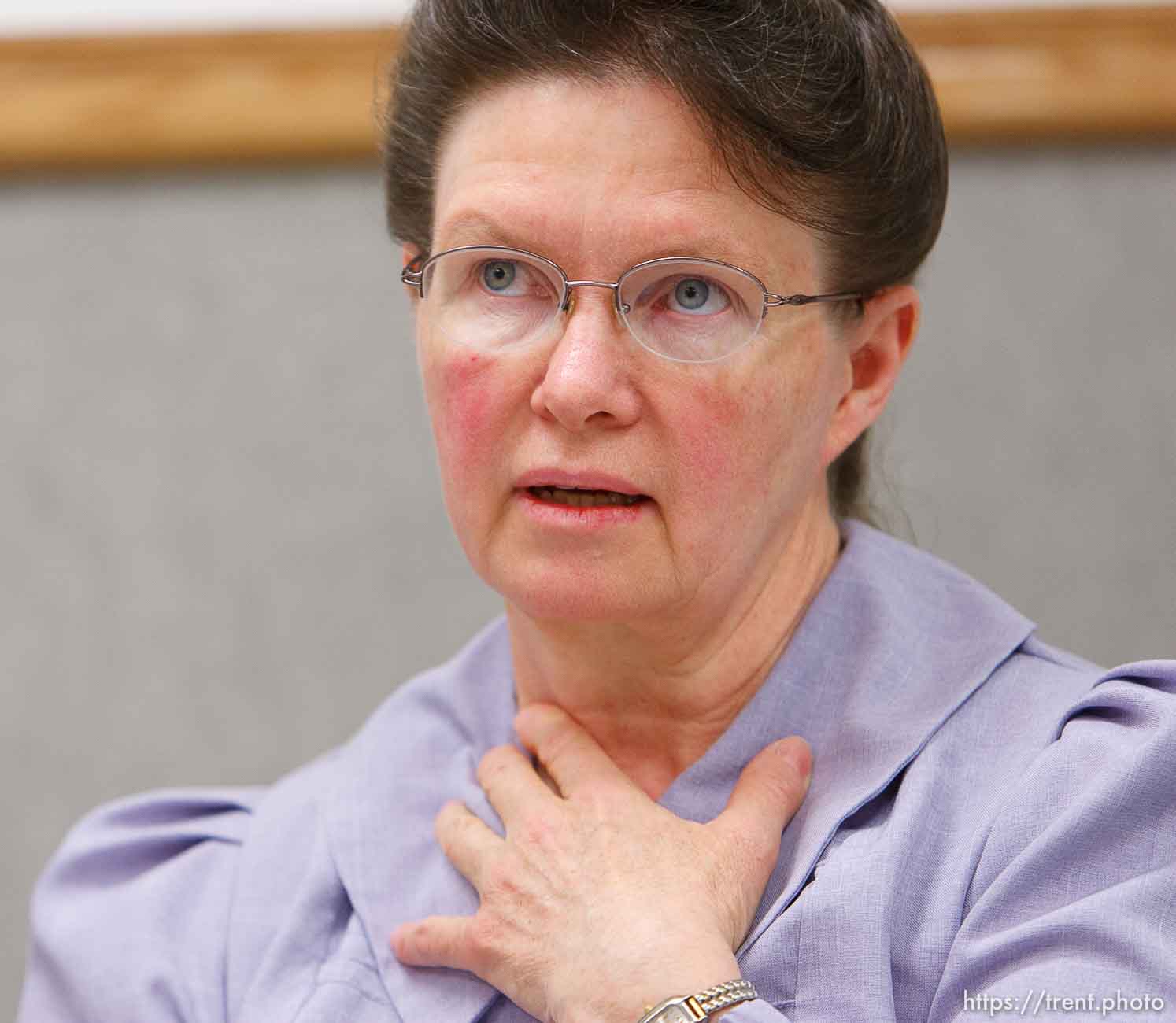 Marianne, an FLDS woman on the YFZ Ranch Wednesday, April 16, 2008, tells the story of being taken with her four daughters in the raid.