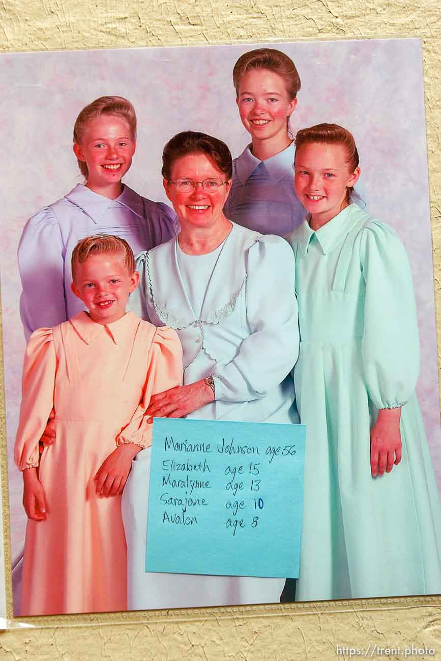 Marianne, an FLDS woman with her four daughters (left to right: Avalon (orange), Maralynne, Marianne (seated), Elizabeth, Sarajane) in a family photograph. Marianne and her daughters were taken to the shelter at Fort Concho in the raid.  Wednesday April 16, 2008.