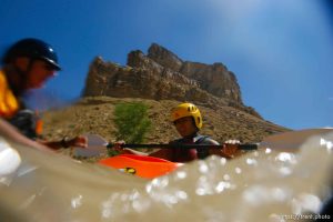 Kayaking at butler wash. maggie thach and roxana Orellana, guides Craig Waddell (black helmet and dog) and gordon