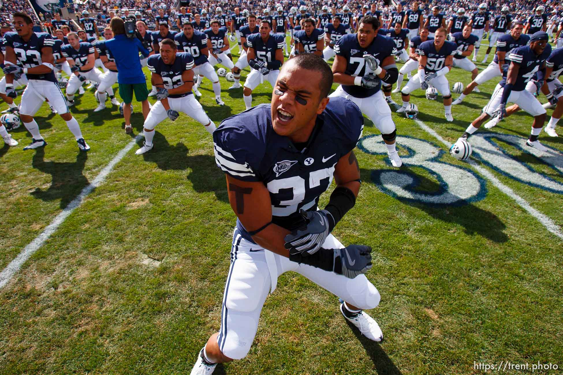 Provo - BYU vs. Northern Iowa college football Saturday, August 30, 2008 at Edwards Stadium. byu haka BYU linebacker Vic So'oto (37) up front