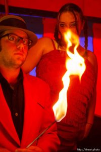 Josh Bladzik and Jackie the Human Tripod are performers in the sideshow at the Utah State Fair